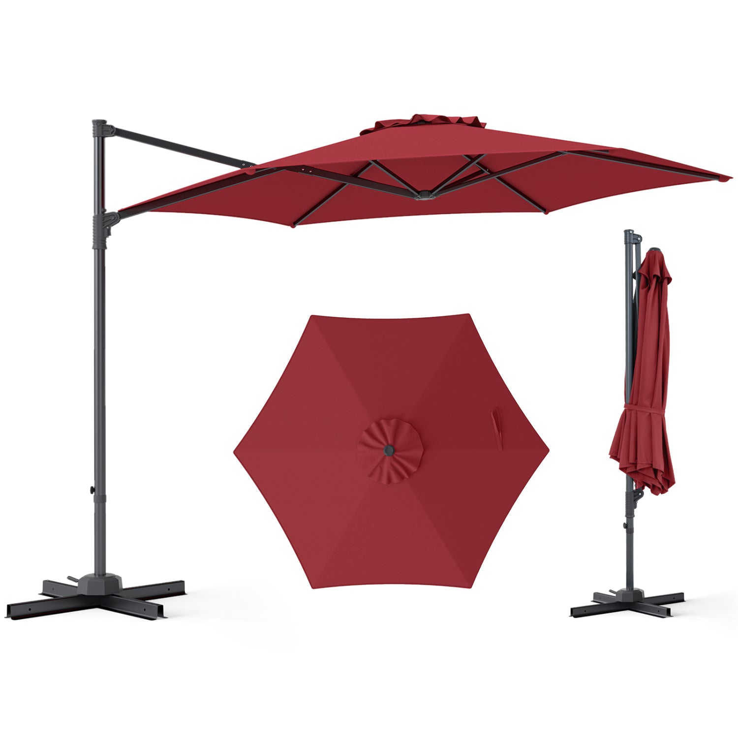 10 FT Patio Cantilever Umbrella, 360° Rotation, Air Vent, Wine Outdoor Umbrellas Wine at Gallery Canada
