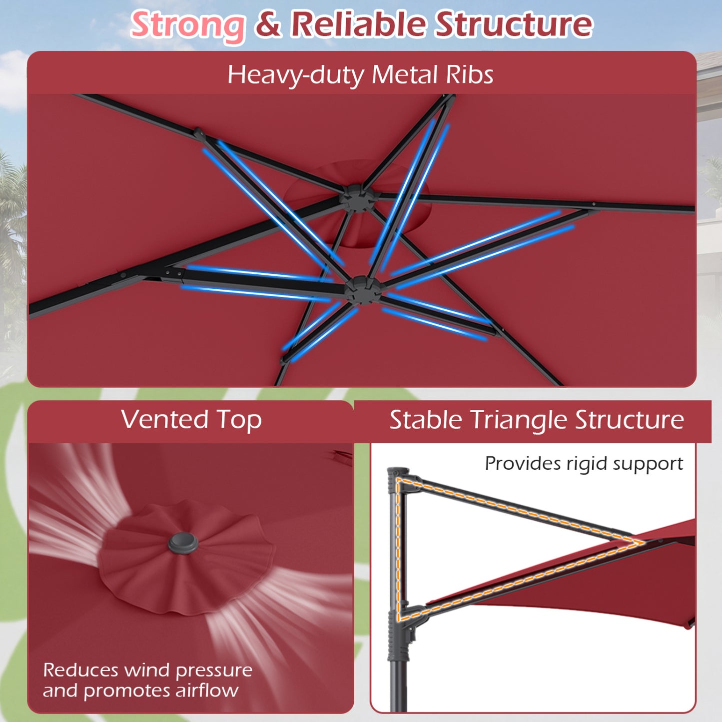 10 FT Patio Cantilever Umbrella, 360° Rotation, Air Vent, Wine Outdoor Umbrellas at Gallery Canada