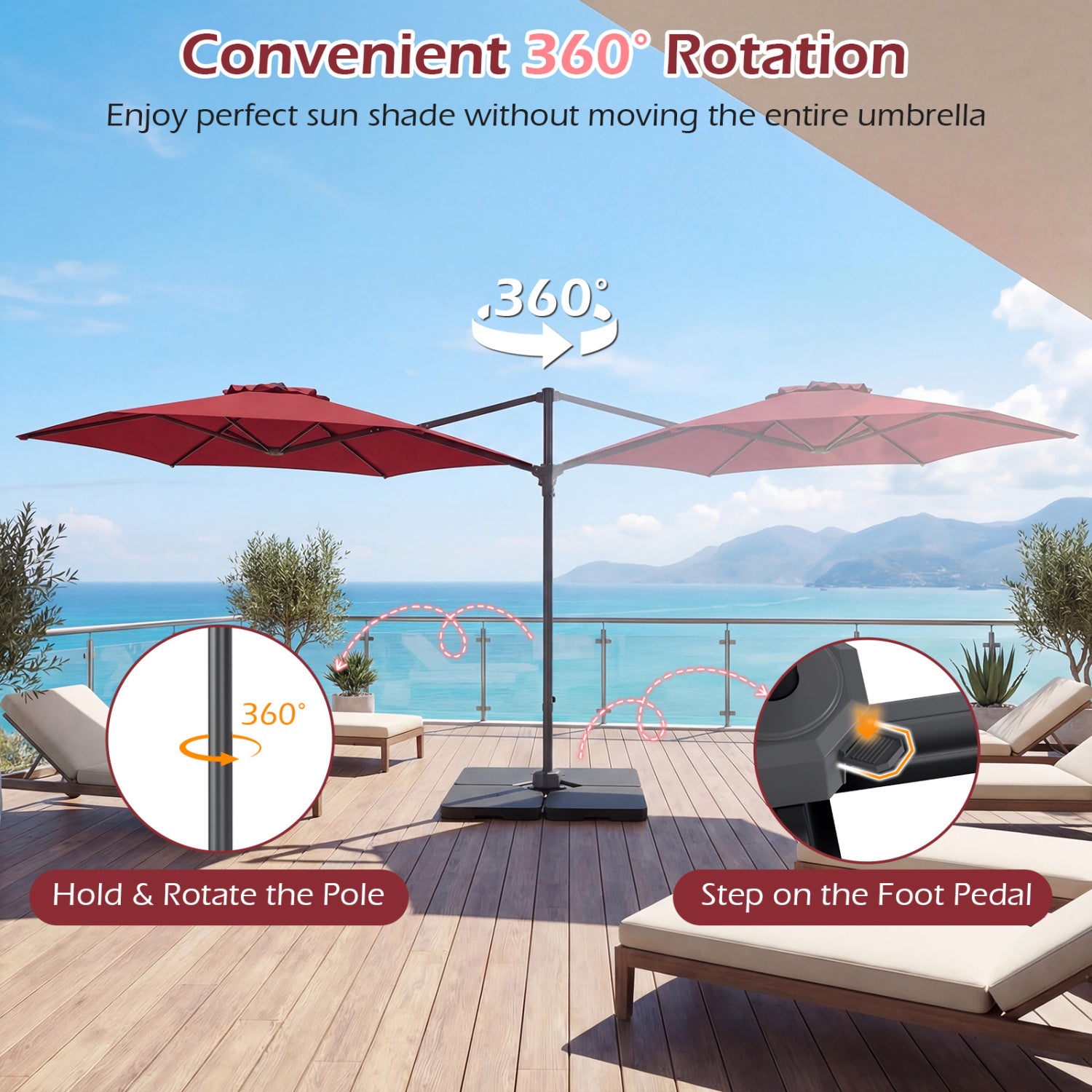10 FT Patio Cantilever Umbrella, 360° Rotation, Air Vent, Wine Outdoor Umbrellas at Gallery Canada