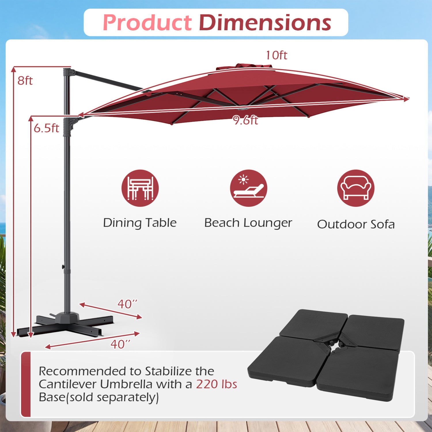 10 FT Patio Cantilever Umbrella, 360° Rotation, Air Vent, Wine Outdoor Umbrellas at Gallery Canada