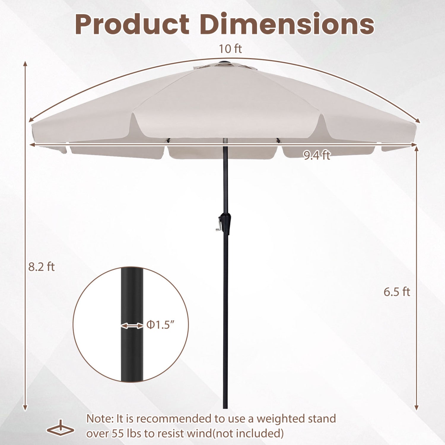 10 FT Scalloped Patio Umbrella with Push Button Tilt and 8 Fiberglass Ribs, Beige Outdoor Umbrellas at Gallery Canada