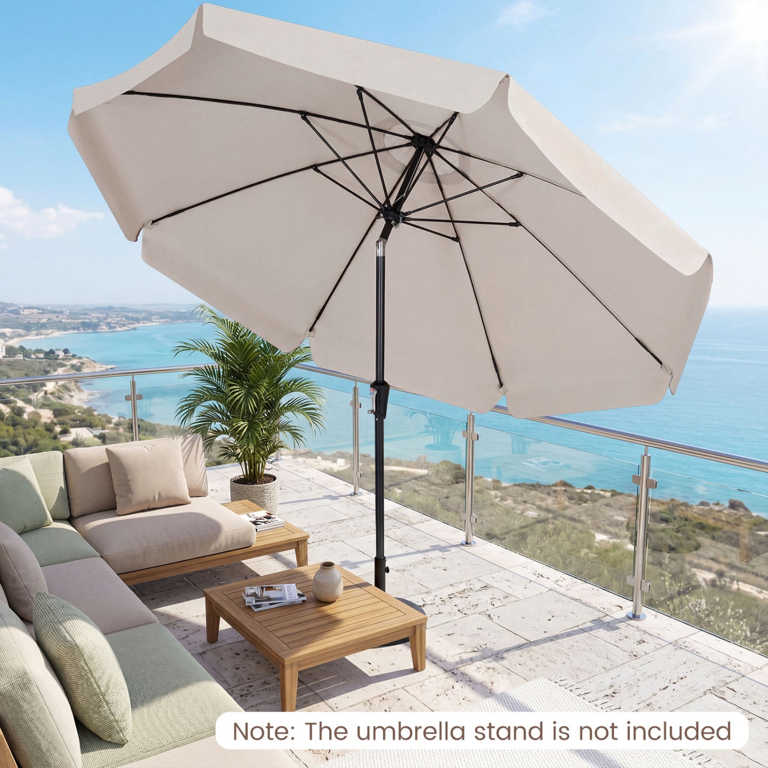 10 FT Scalloped Patio Umbrella with Push Button Tilt and 8 Fiberglass Ribs, Beige Outdoor Umbrellas at Gallery Canada