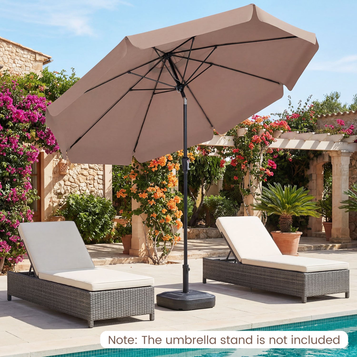 10 FT Scalloped Patio Umbrella with Push Button Tilt and 8 Fiberglass Ribs, Brown Outdoor Umbrellas at Gallery Canada