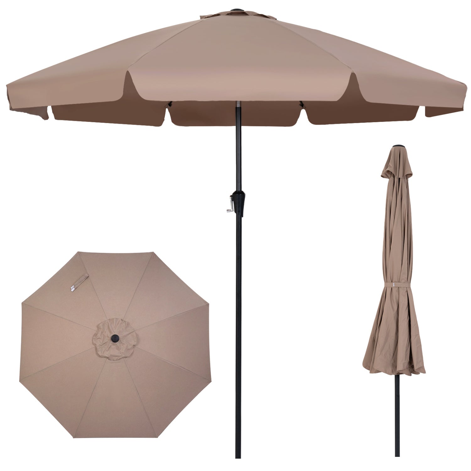 10 FT Scalloped Patio Umbrella with Push Button Tilt and 8 Fiberglass Ribs, Brown Outdoor Umbrellas at Gallery Canada