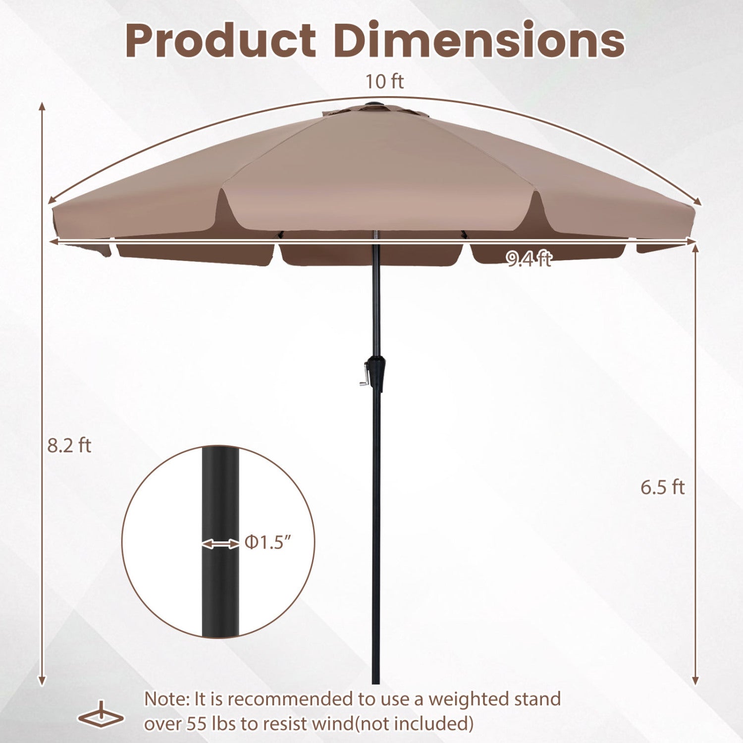 10 FT Scalloped Patio Umbrella with Push Button Tilt and 8 Fiberglass Ribs, Brown Outdoor Umbrellas at Gallery Canada