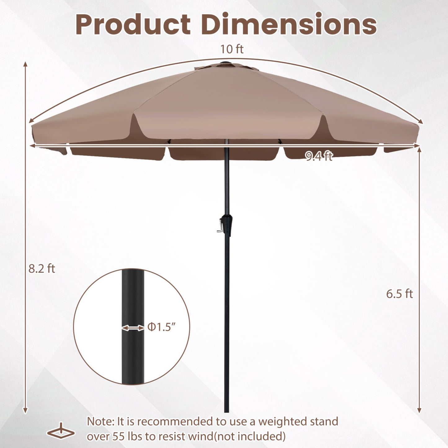 10 FT Scalloped Patio Umbrella with Push Button Tilt and 8 Fiberglass Ribs, Brown Outdoor Umbrellas at Gallery Canada