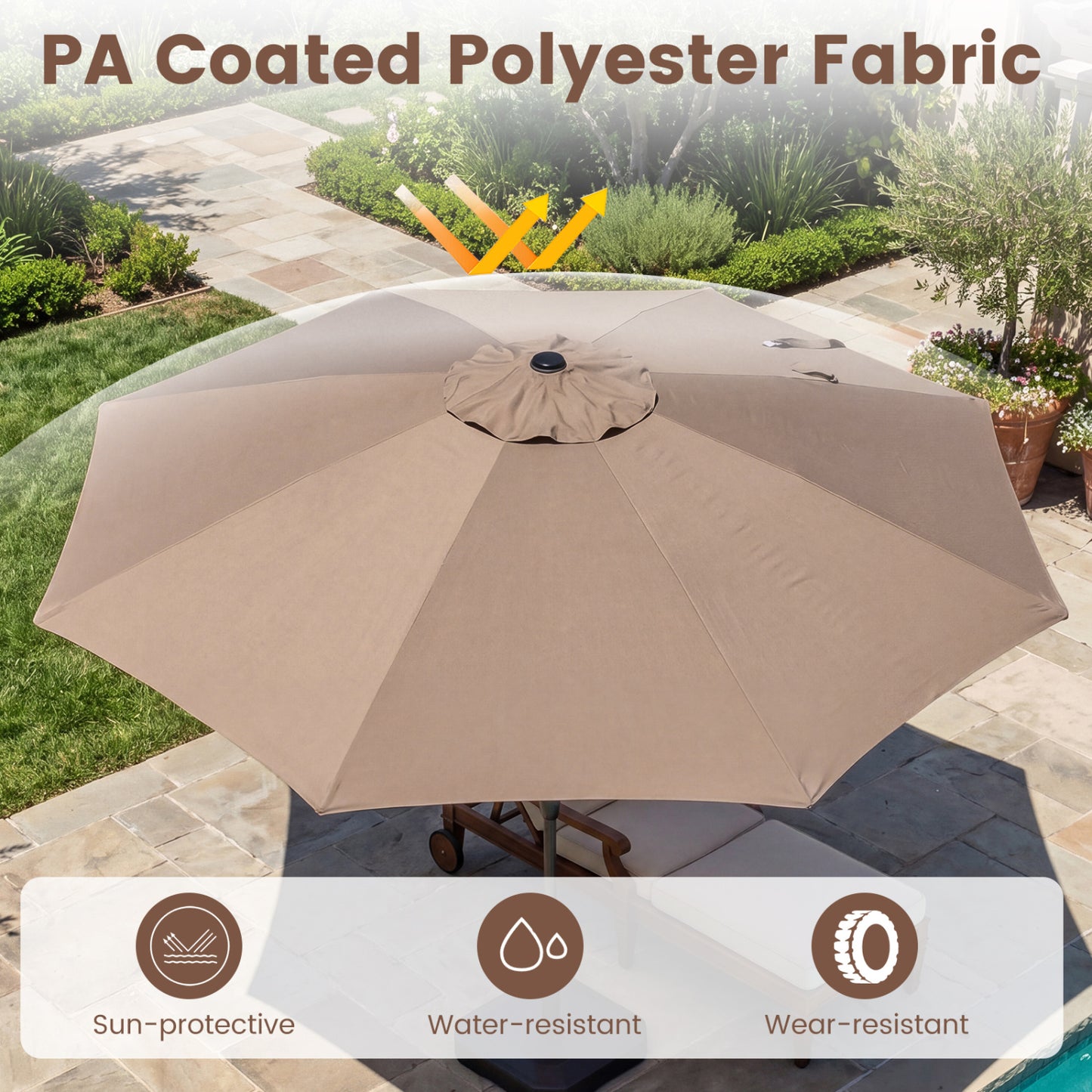 10 FT Scalloped Patio Umbrella with Push Button Tilt and 8 Fiberglass Ribs, Brown Outdoor Umbrellas at Gallery Canada