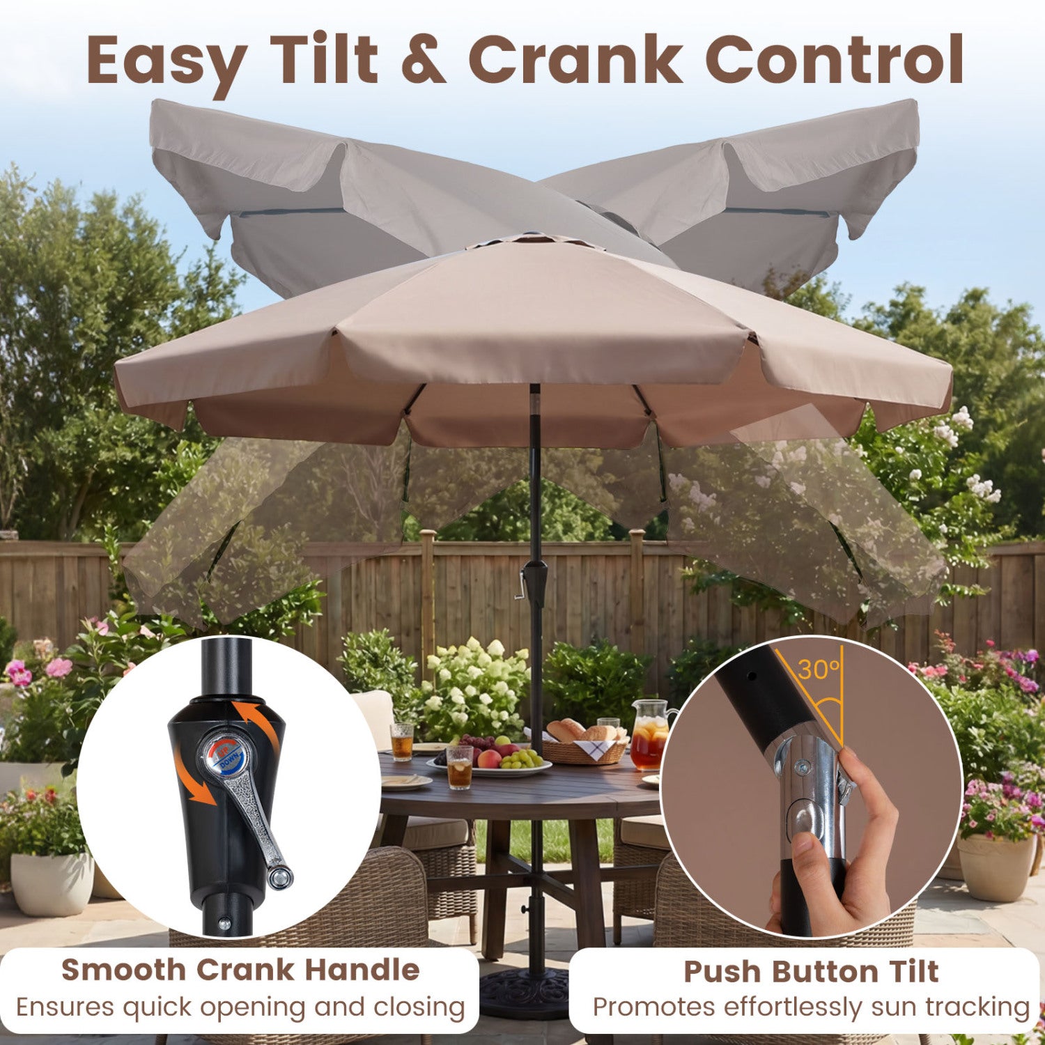 10 FT Scalloped Patio Umbrella with Push Button Tilt and 8 Fiberglass Ribs, Brown Outdoor Umbrellas at Gallery Canada