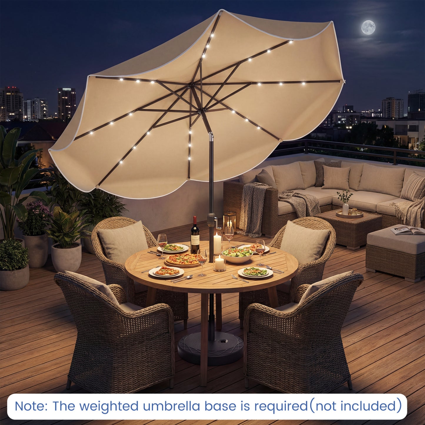 10 FT Scalloped Solar Umbrella, 24 LED Lights, Tilt, Tan Outdoor Umbrellas at Gallery Canada