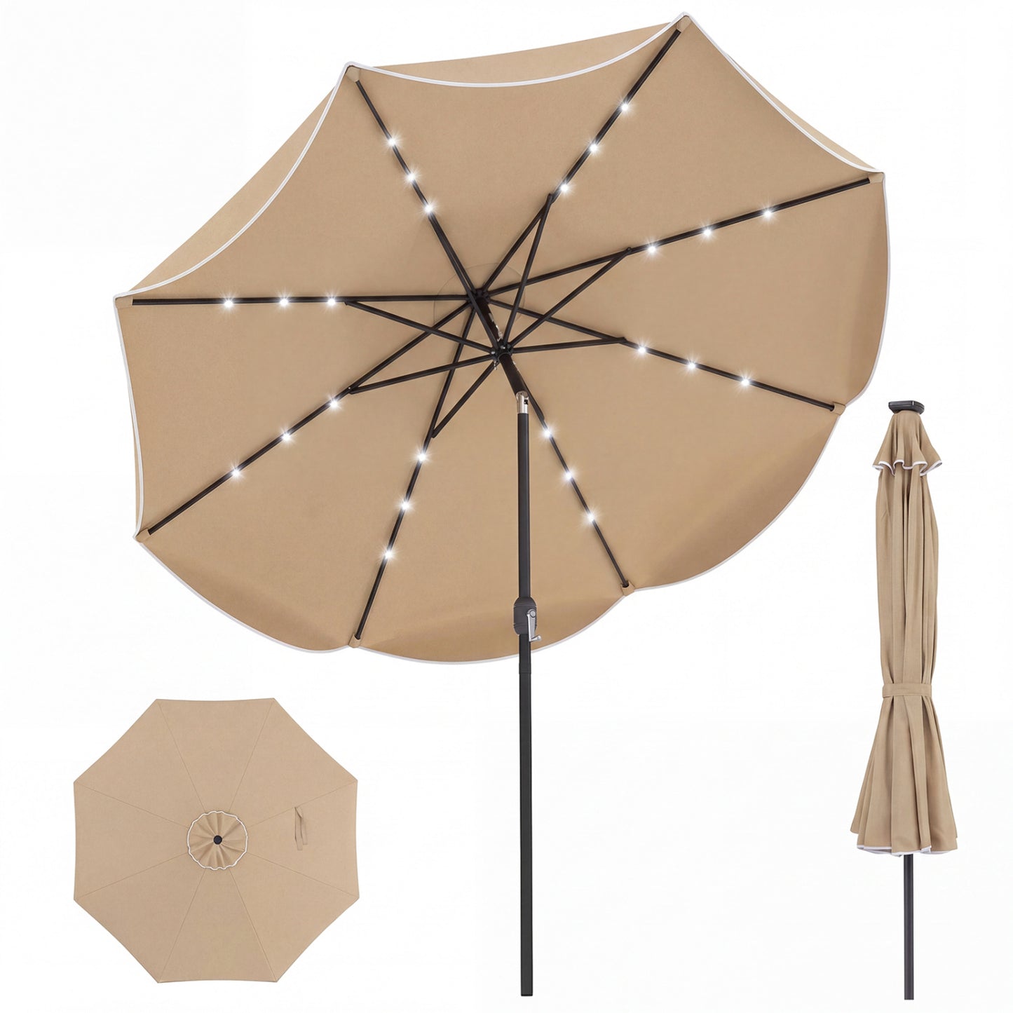 10 FT Scalloped Solar Umbrella, 24 LED Lights, Tilt, Tan Outdoor Umbrellas at Gallery Canada