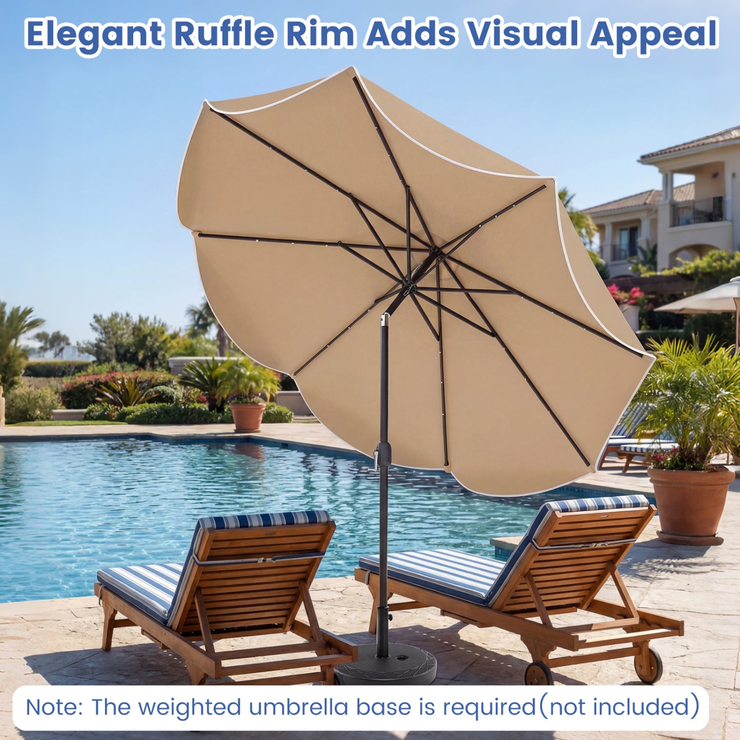 10 FT Scalloped Solar Umbrella, 24 LED Lights, Tilt, Tan Outdoor Umbrellas at Gallery Canada