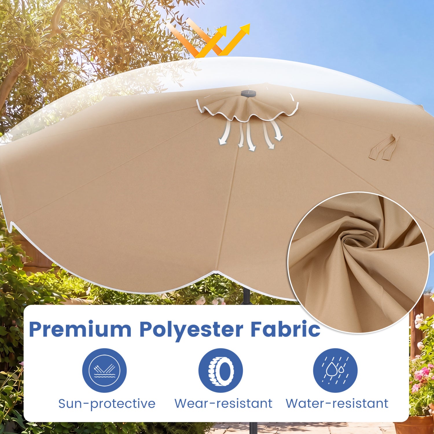 10 FT Scalloped Solar Umbrella, 24 LED Lights, Tilt, Tan Outdoor Umbrellas at Gallery Canada