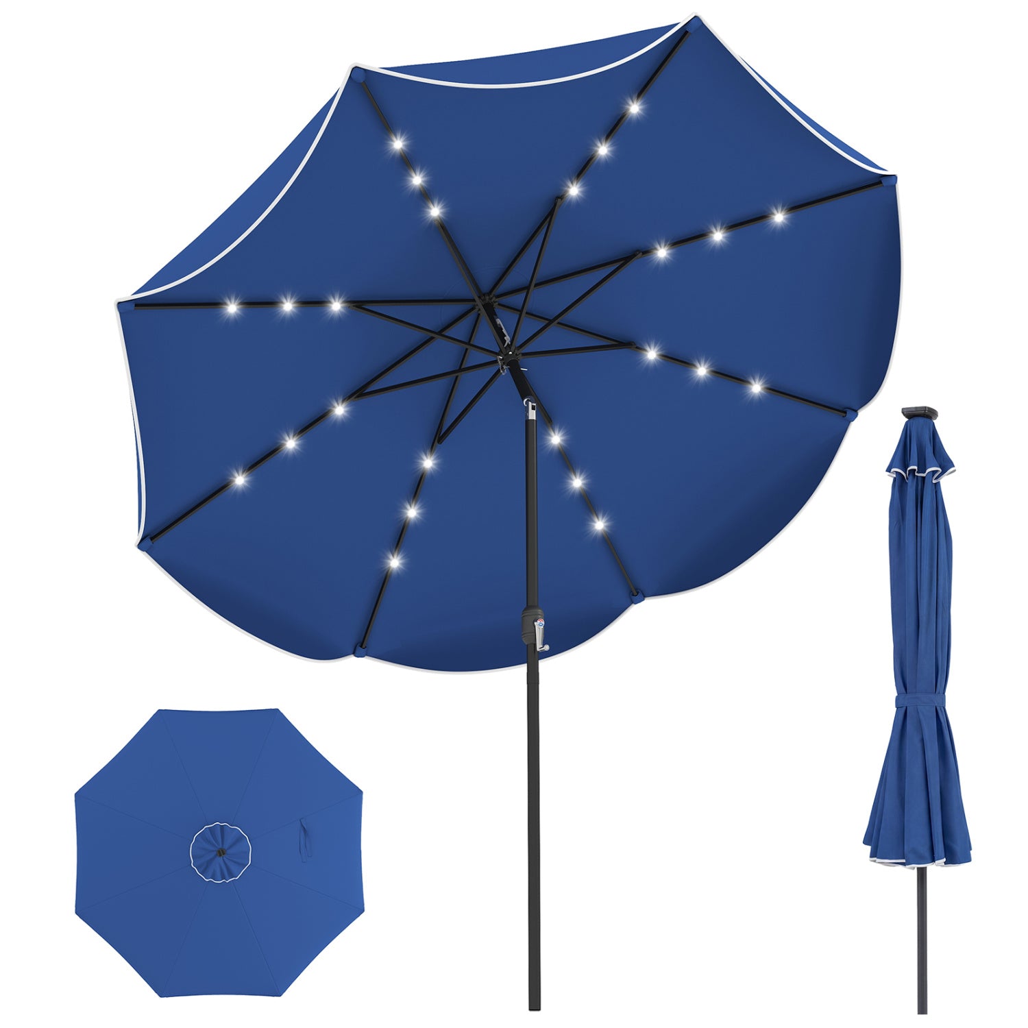 10 FT Scalloped Solar Patio Umbrella With 24 LED Lights, Navy Outdoor Umbrellas at Gallery Canada