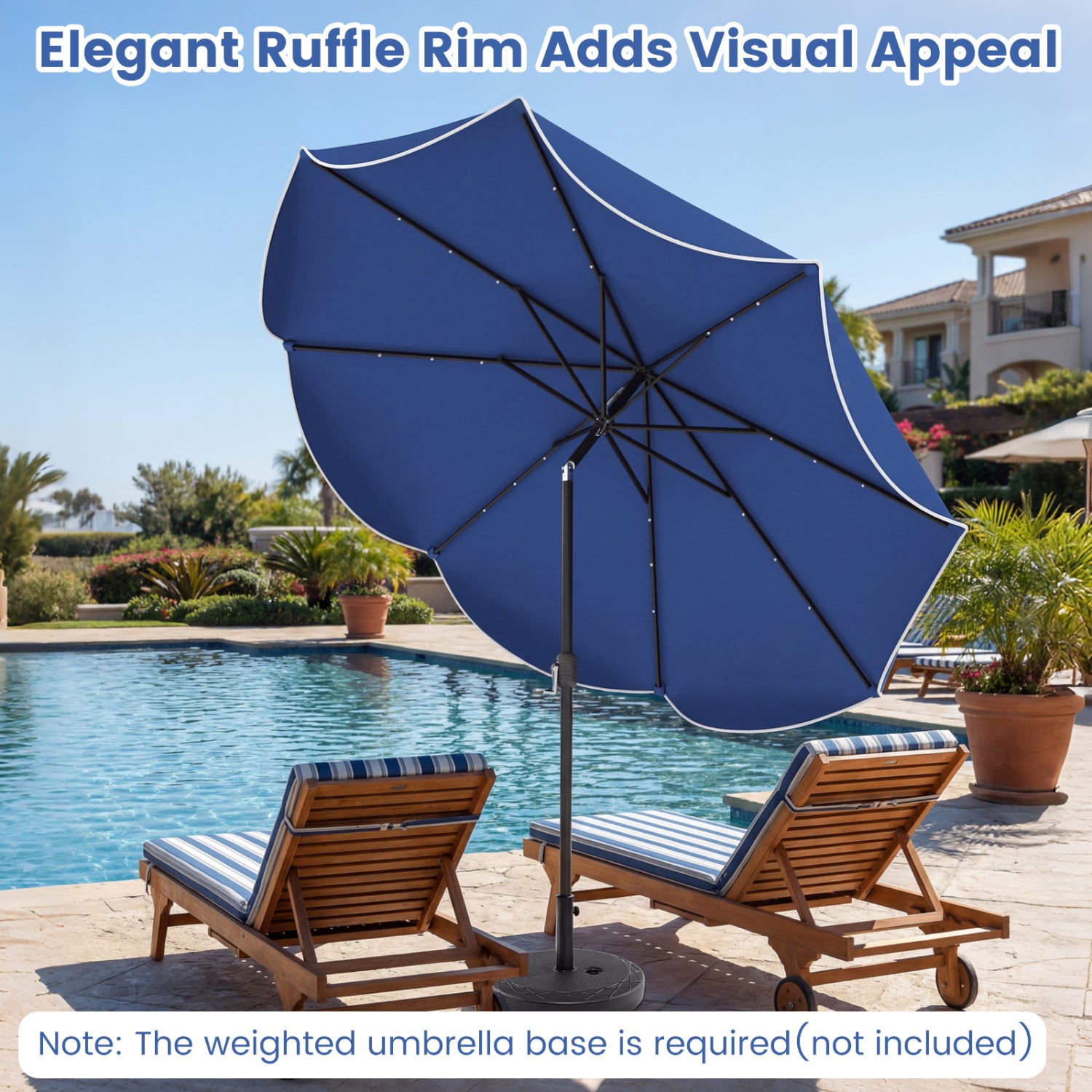 10 FT Scalloped Solar Patio Umbrella With 24 LED Lights, Navy Outdoor Umbrellas at Gallery Canada