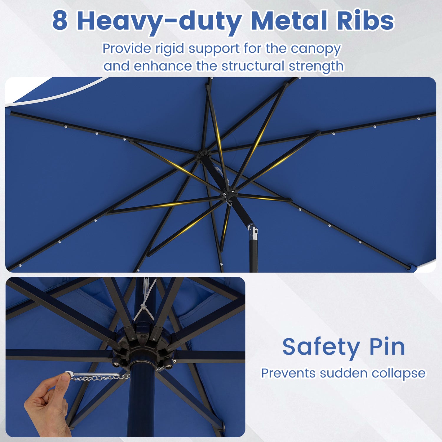 10 FT Scalloped Solar Patio Umbrella With 24 LED Lights, Navy Outdoor Umbrellas at Gallery Canada