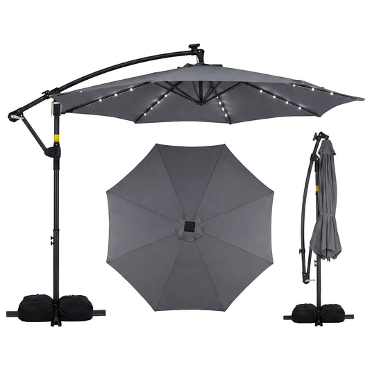 10 FT Solar LED Offset Cantilever Patio Umbrella, Gray Outdoor Umbrellas Gray at Gallery Canada
