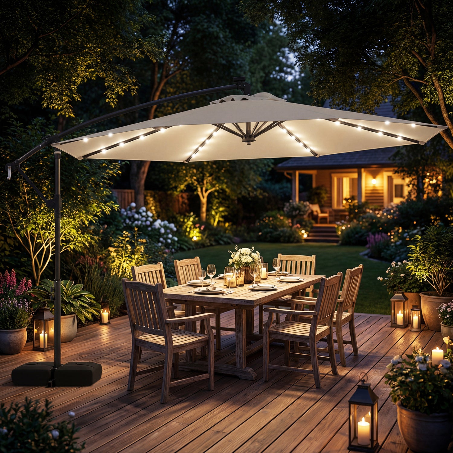 10 FT Solar LED Cantilever Patio Umbrella, Beige Outdoor Umbrellas at Gallery Canada
