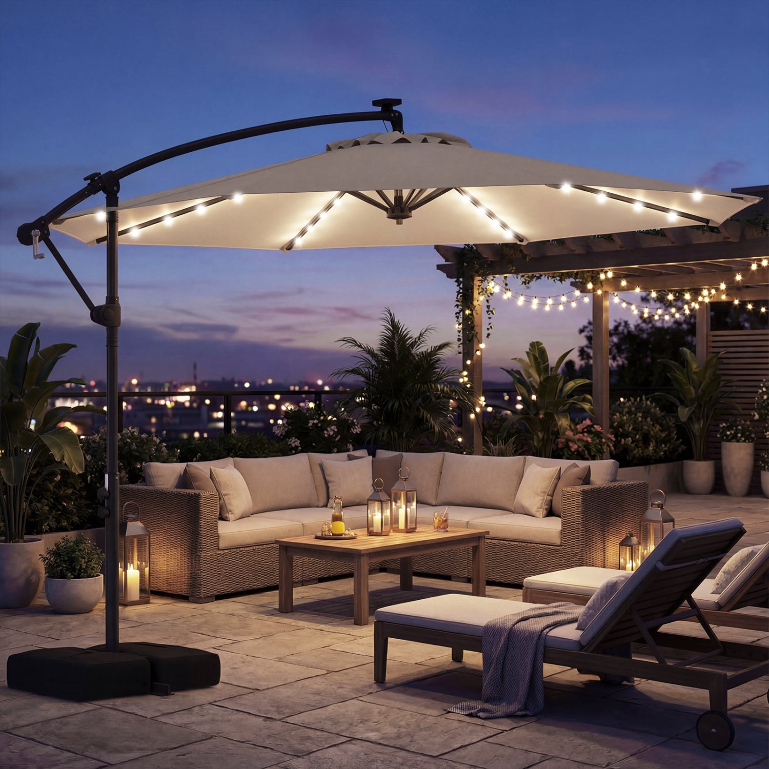 10 FT Solar LED Cantilever Patio Umbrella, Beige Outdoor Umbrellas at Gallery Canada