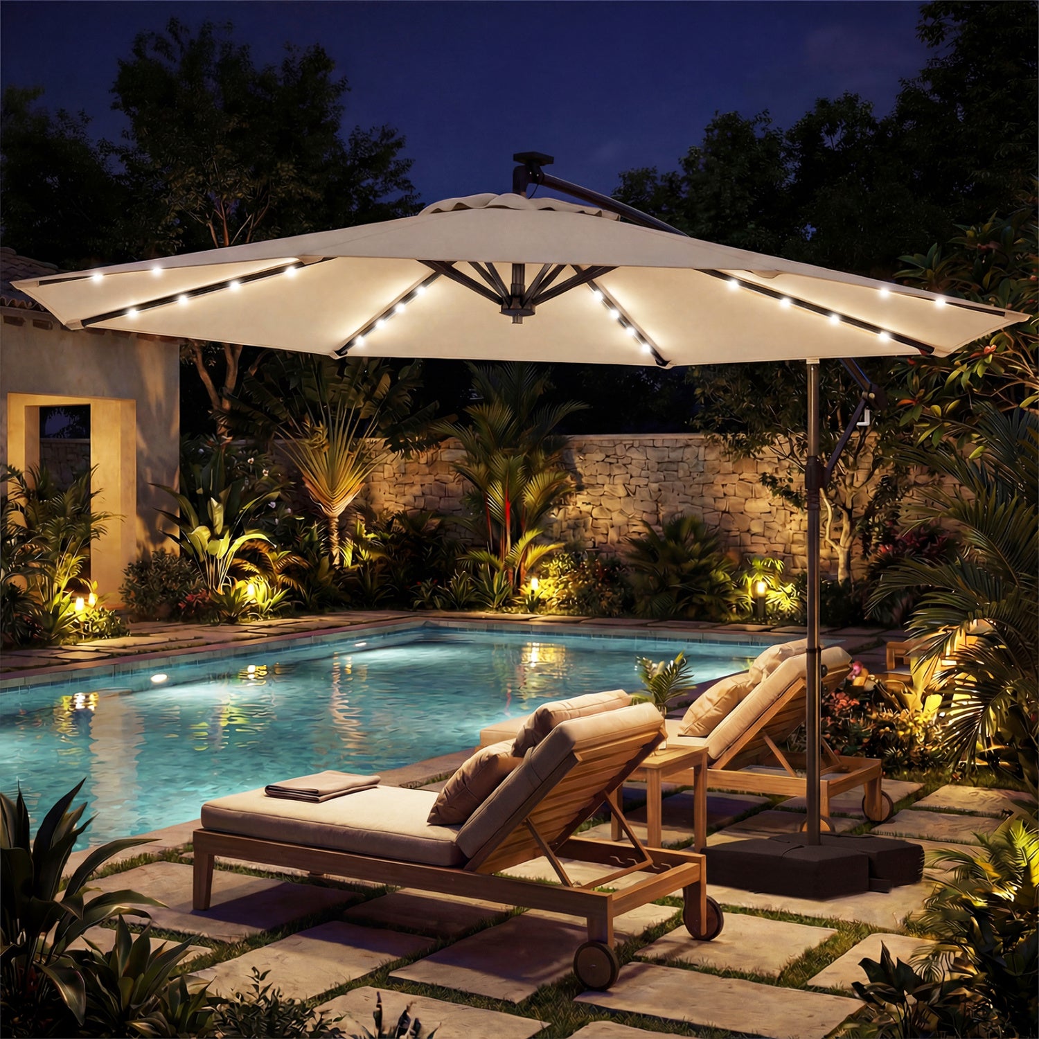 10 FT Solar LED Cantilever Patio Umbrella, Beige Outdoor Umbrellas at Gallery Canada