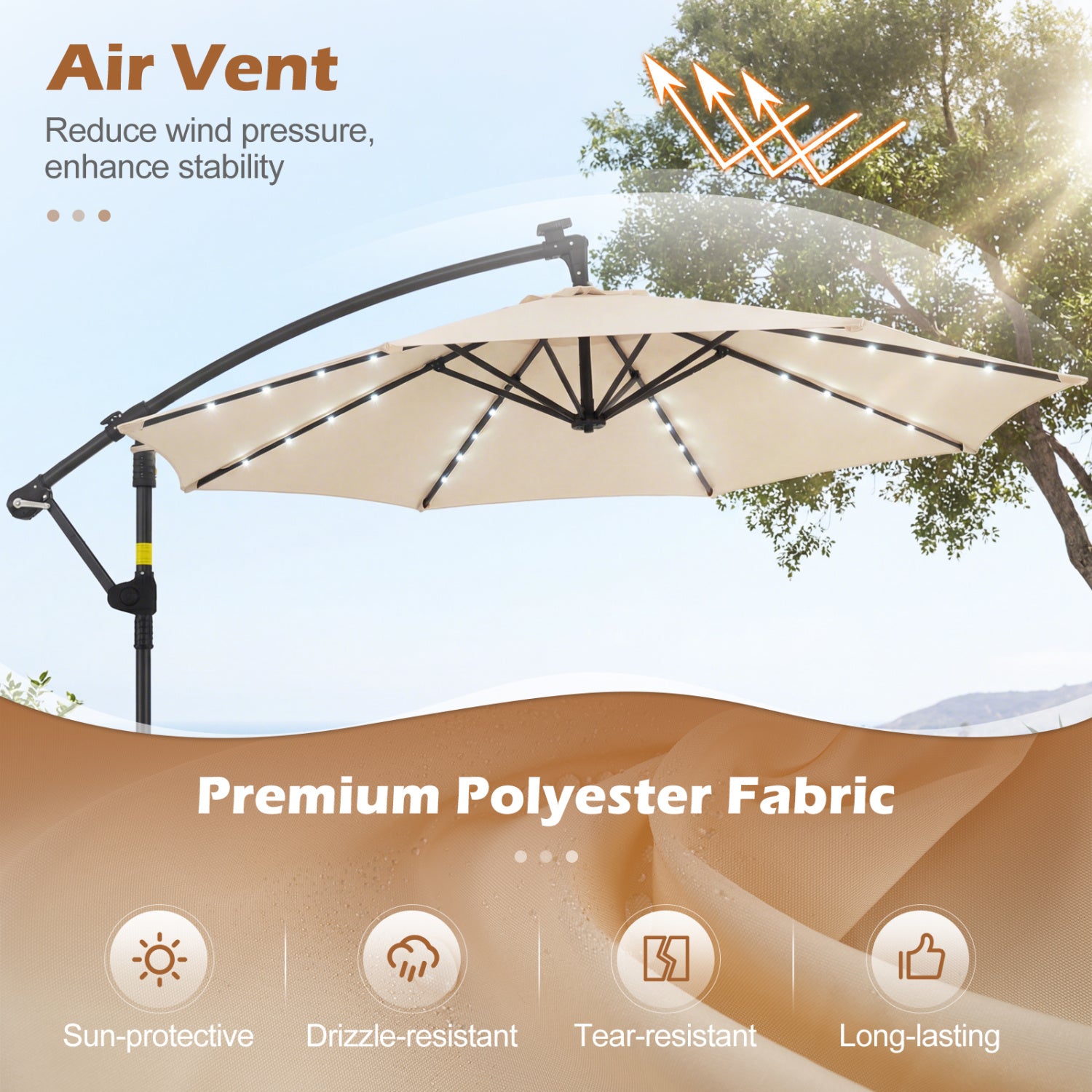 10 FT Solar LED Cantilever Patio Umbrella, Beige Outdoor Umbrellas at Gallery Canada