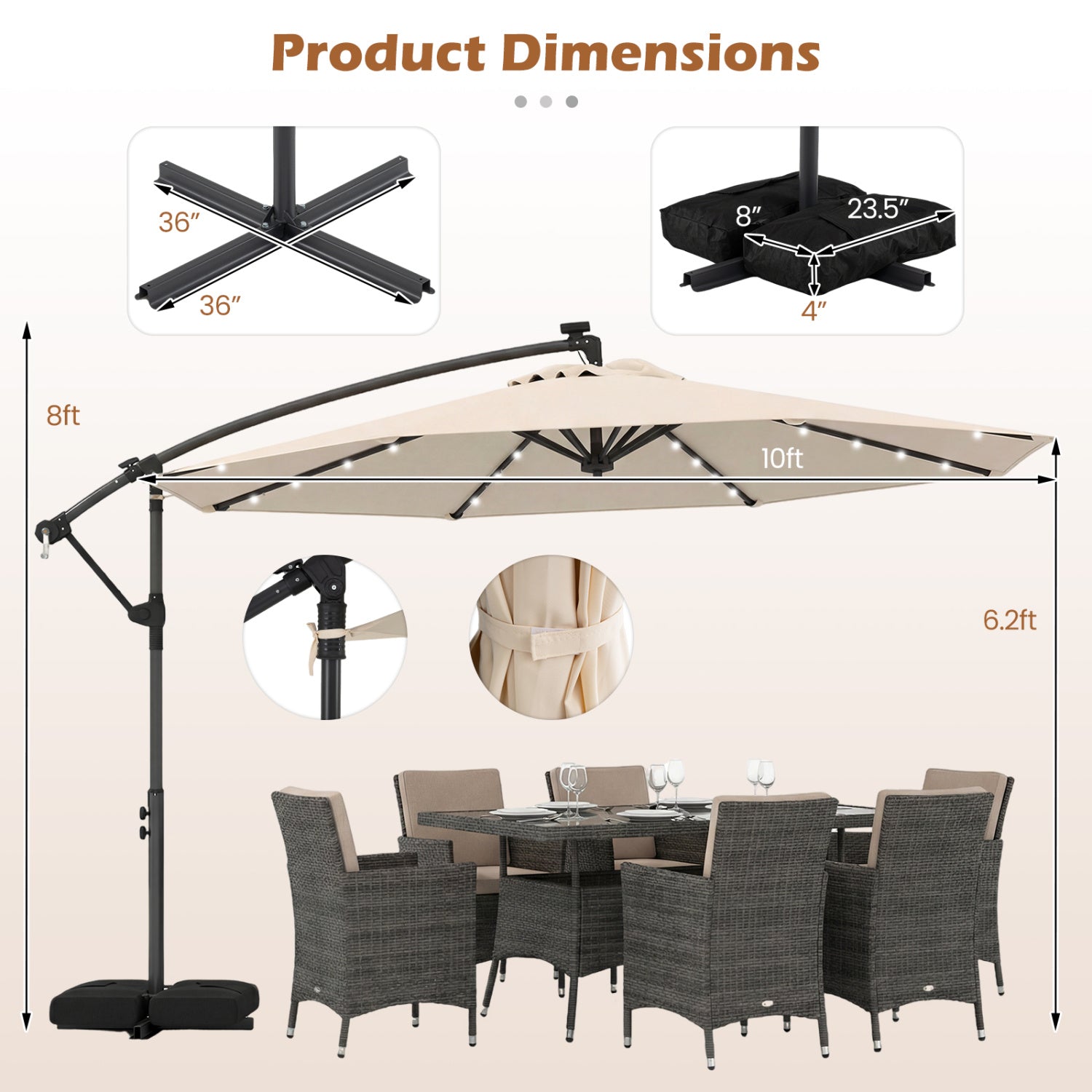 10 FT Solar LED Cantilever Patio Umbrella, Beige Outdoor Umbrellas at Gallery Canada