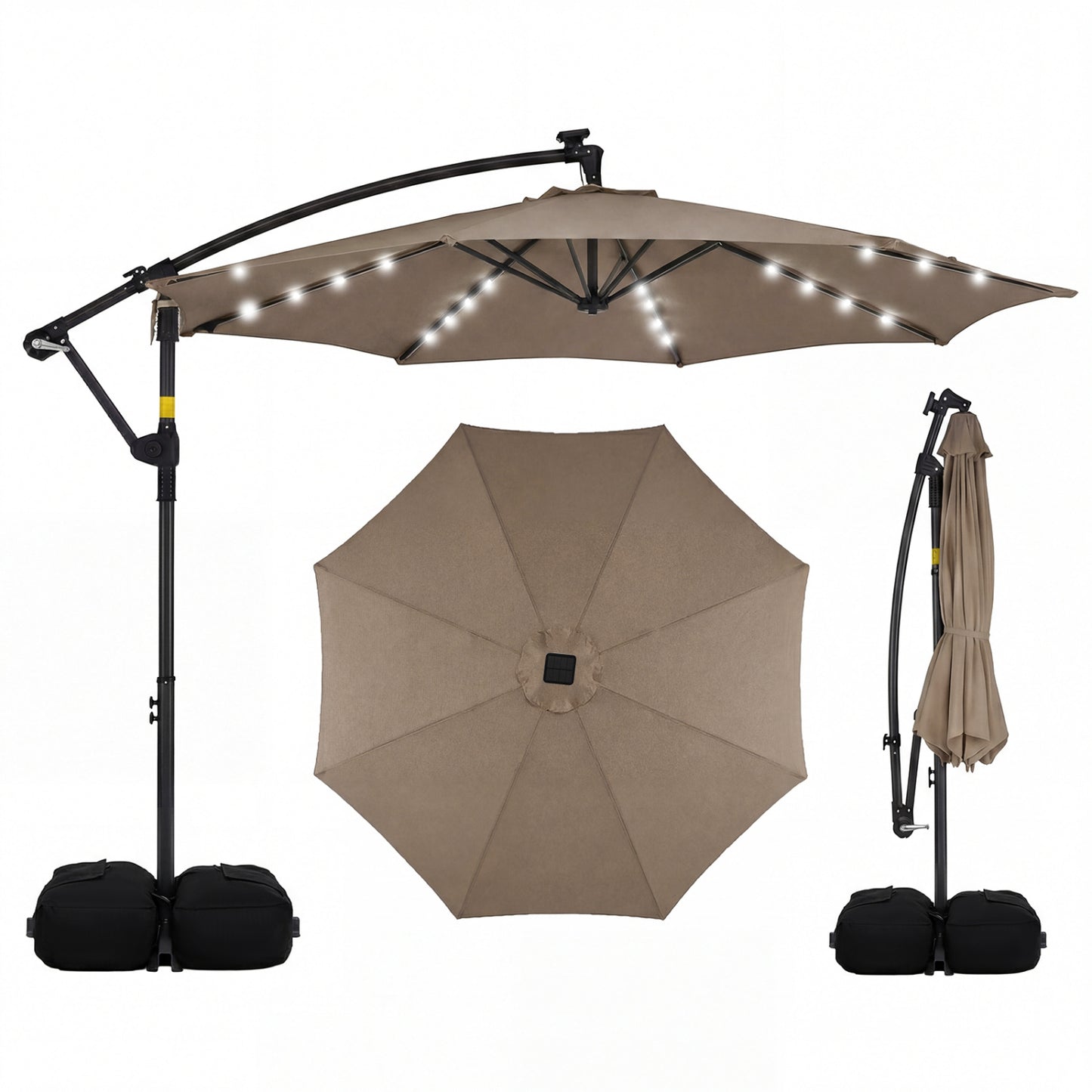 10 FT Solar LED Offset Cantilever Patio Umbrella, Brown Outdoor Umbrellas Brown at Gallery Canada