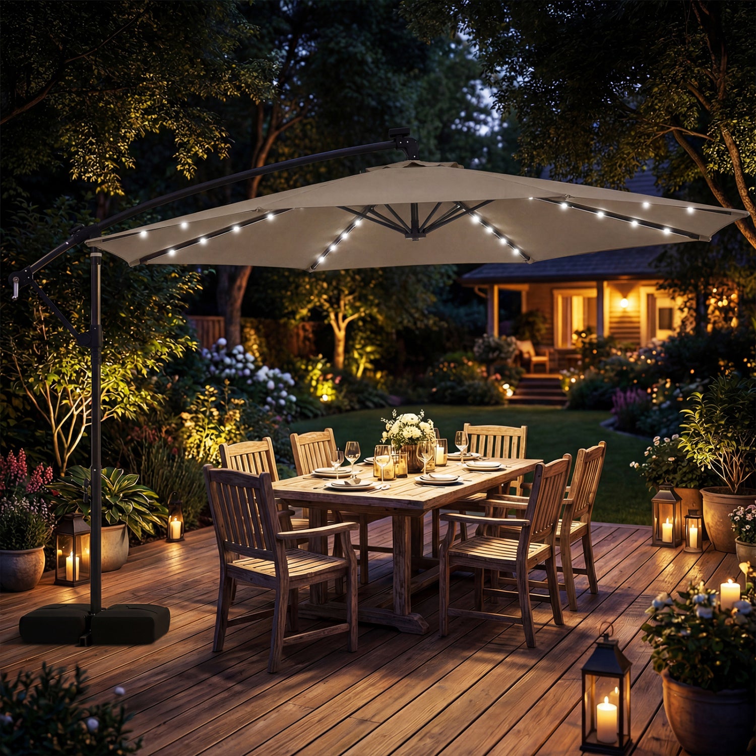10 FT Solar LED Offset Cantilever Patio Umbrella, Brown Outdoor Umbrellas at Gallery Canada