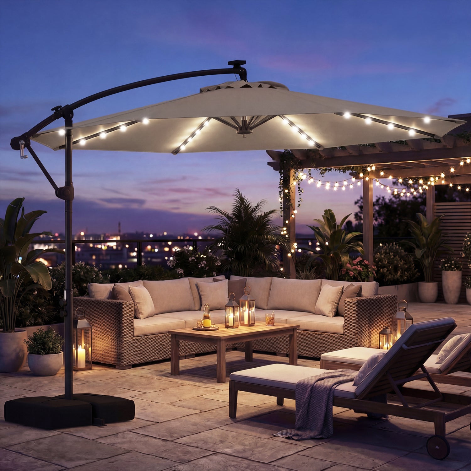 10 FT Solar LED Offset Cantilever Patio Umbrella, Brown Outdoor Umbrellas at Gallery Canada