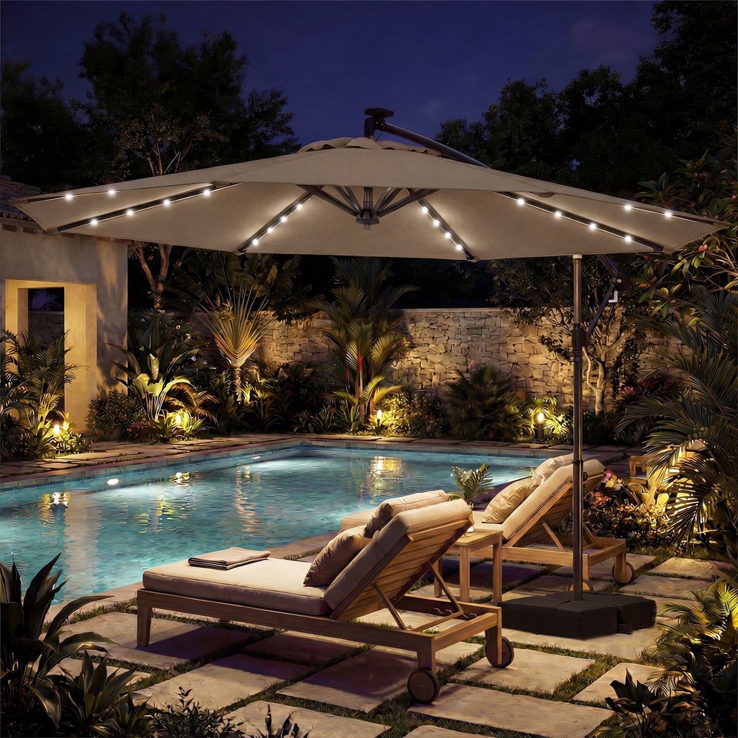 10 FT Solar LED Offset Cantilever Patio Umbrella, Brown Outdoor Umbrellas at Gallery Canada