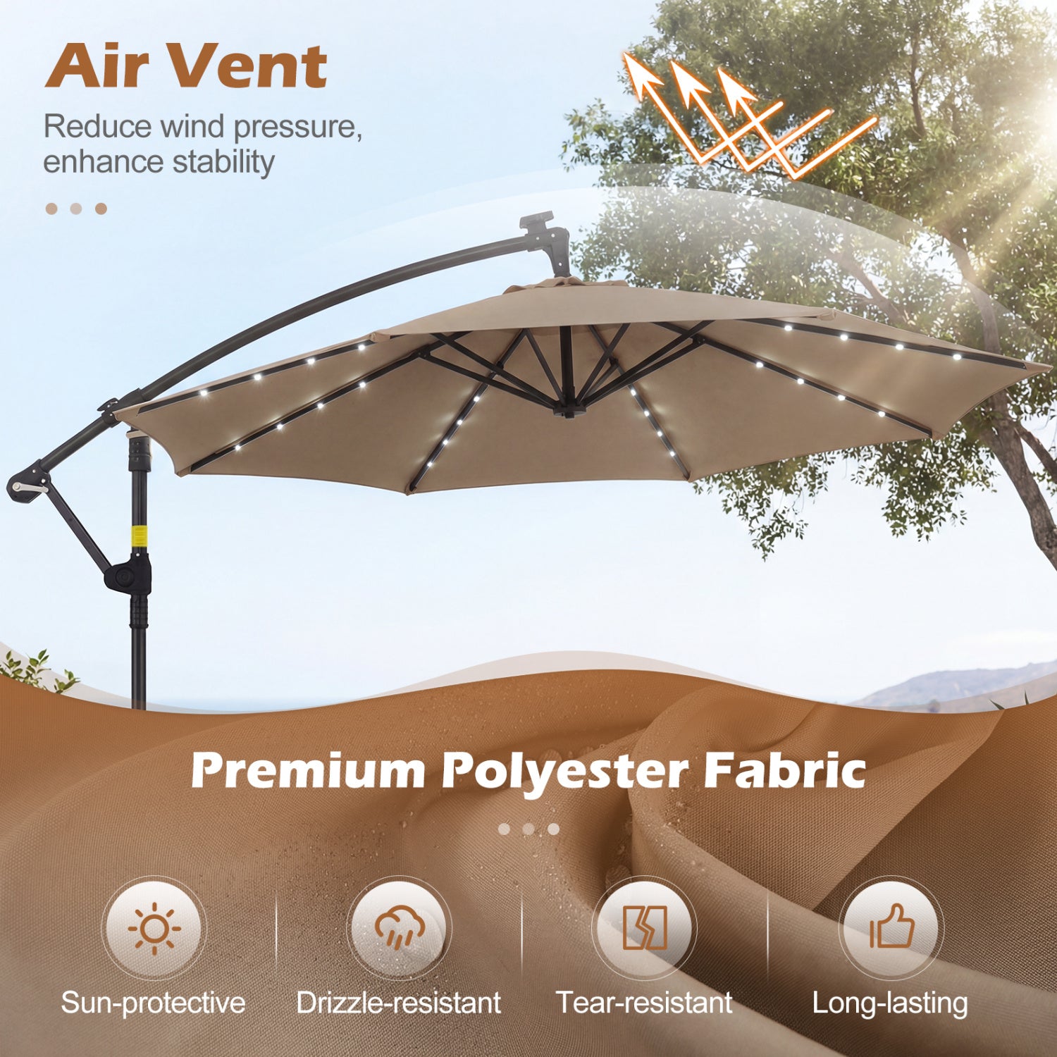 10 FT Solar LED Offset Cantilever Patio Umbrella, Brown Outdoor Umbrellas at Gallery Canada
