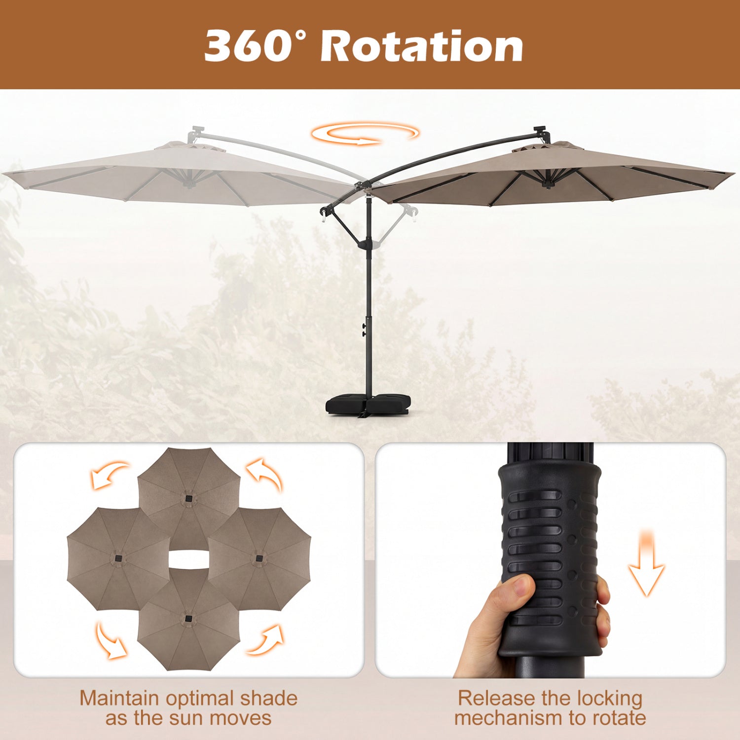 10 FT Solar LED Offset Cantilever Patio Umbrella, Brown Outdoor Umbrellas at Gallery Canada