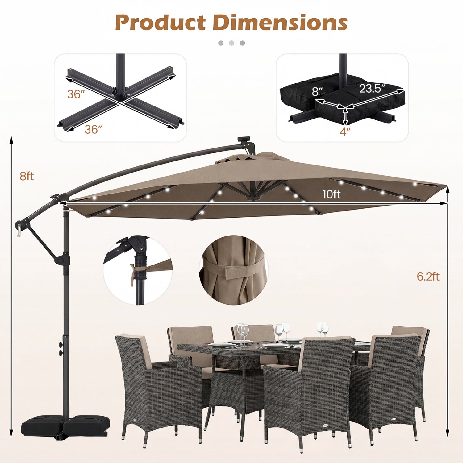 10 FT Solar LED Offset Cantilever Patio Umbrella, Brown Outdoor Umbrellas at Gallery Canada
