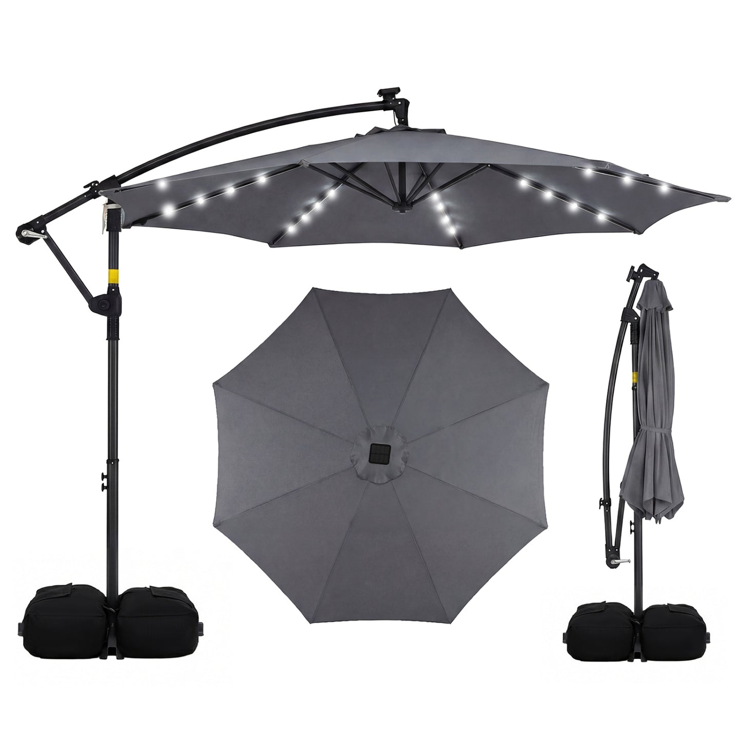 10 FT Solar LED Offset Cantilever Patio Umbrella, Gray Outdoor Umbrellas Gray at Gallery Canada