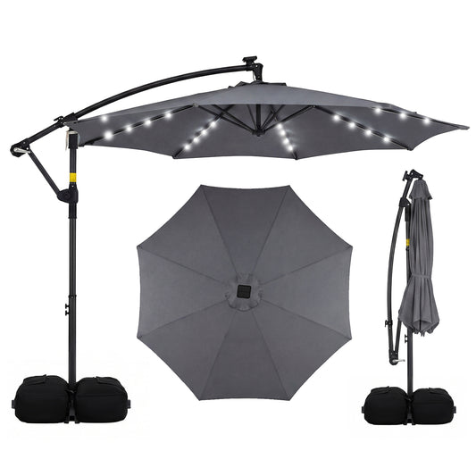 10 FT Solar LED Offset Cantilever Patio Umbrella, Gray Outdoor Umbrellas Gray at Gallery Canada