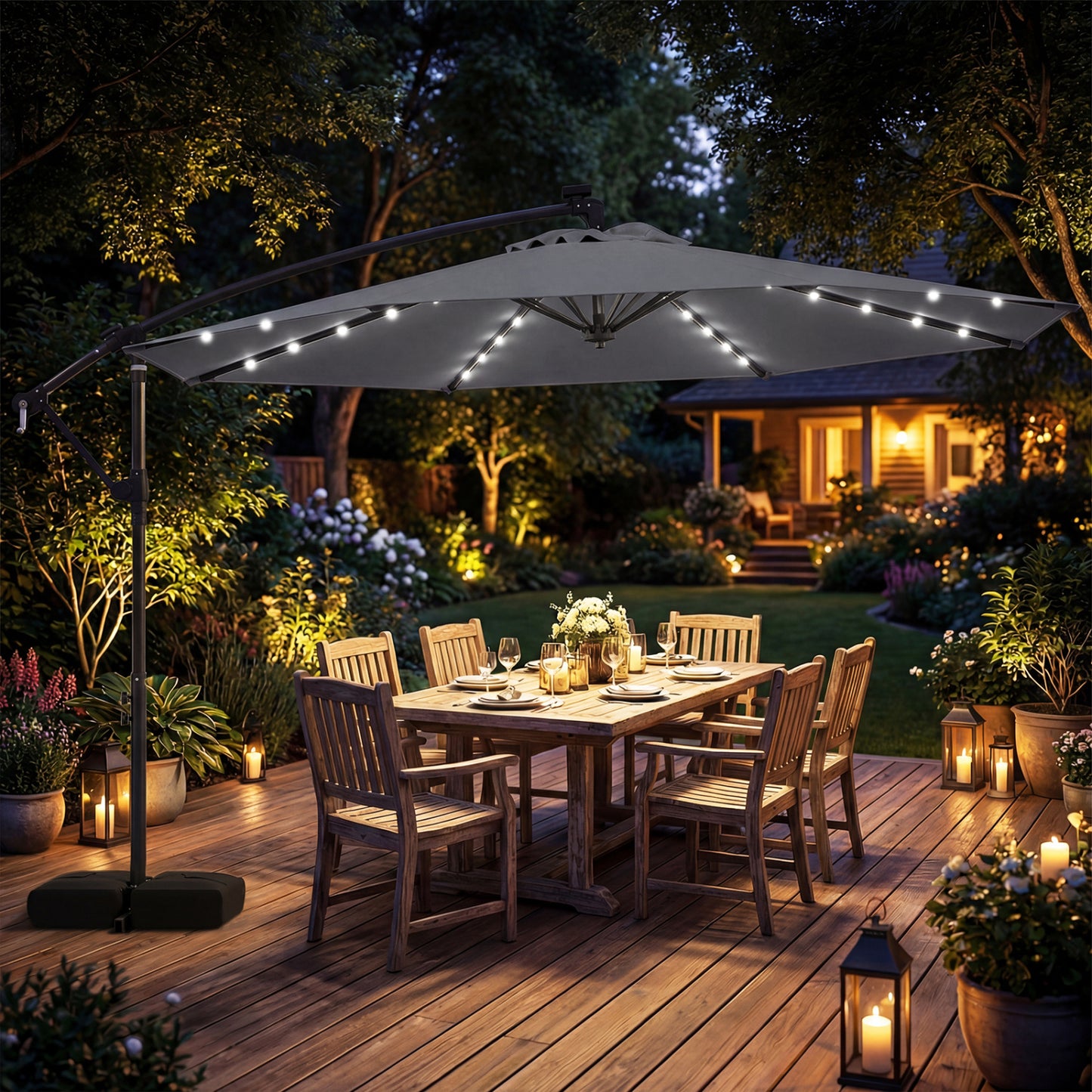 10 FT Solar LED Offset Cantilever Patio Umbrella, Gray Outdoor Umbrellas at Gallery Canada