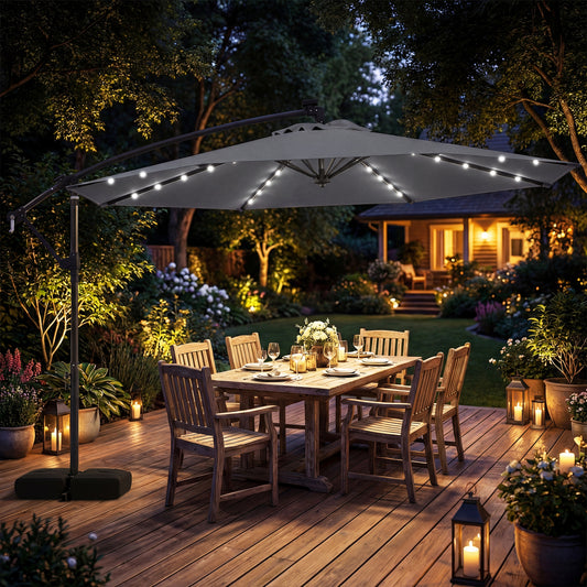 10 FT Solar LED Offset Cantilever Patio Umbrella, Gray Outdoor Umbrellas Gray at Gallery Canada