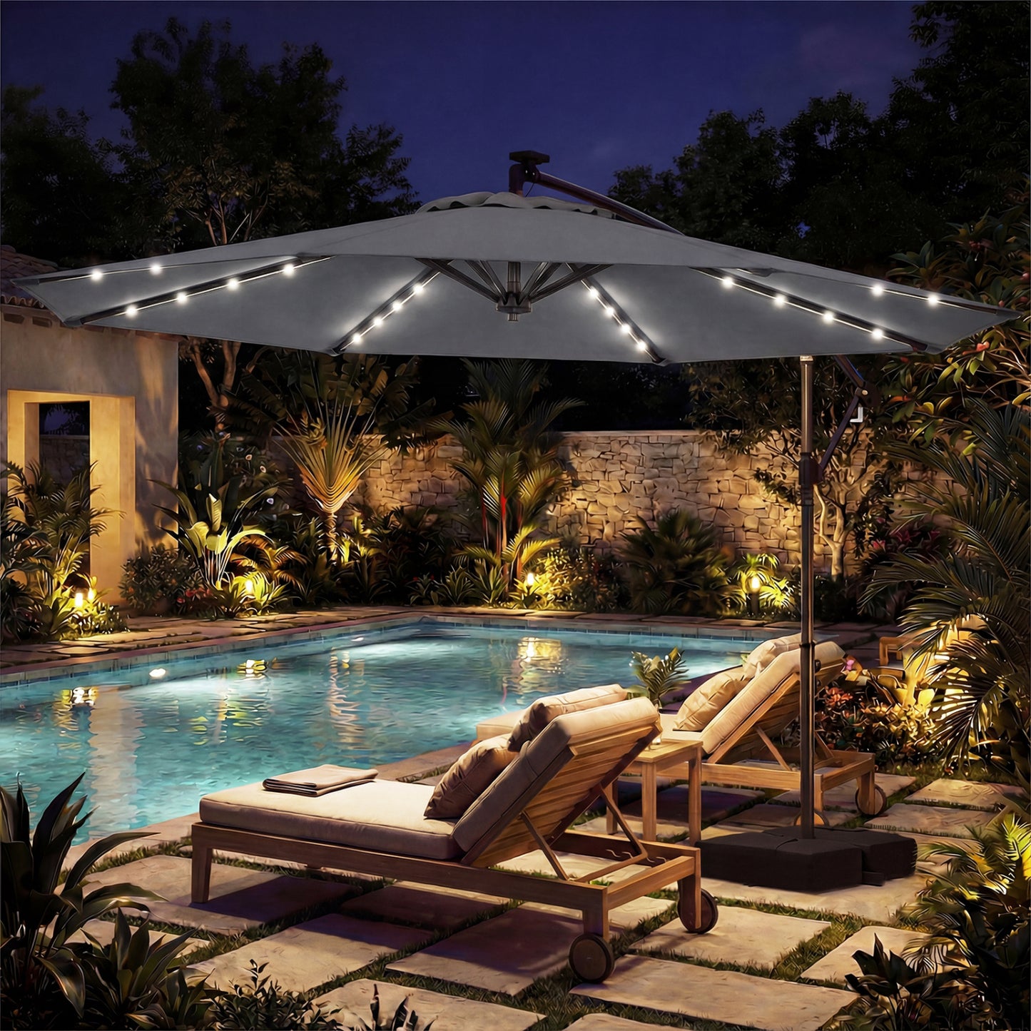 10 FT Solar LED Offset Cantilever Patio Umbrella, Gray Outdoor Umbrellas at Gallery Canada