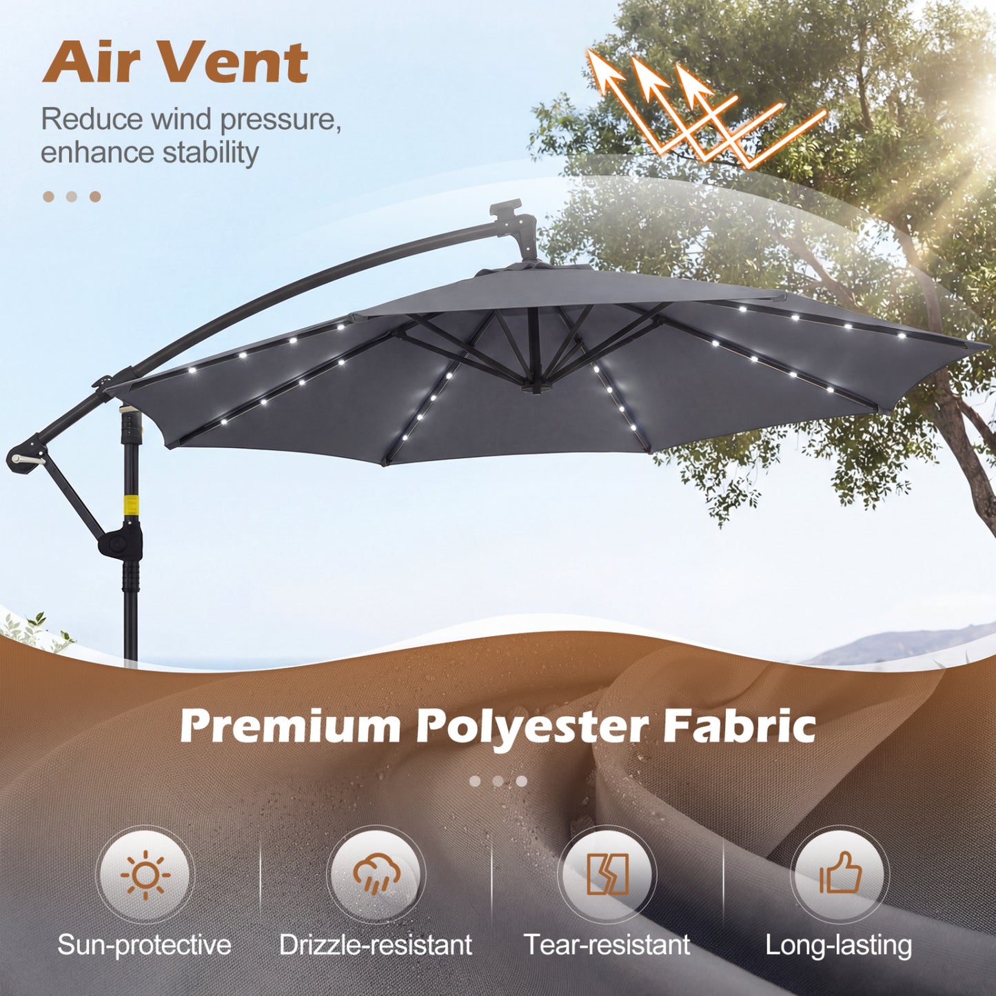 10 FT Solar LED Offset Cantilever Patio Umbrella, Gray Outdoor Umbrellas at Gallery Canada