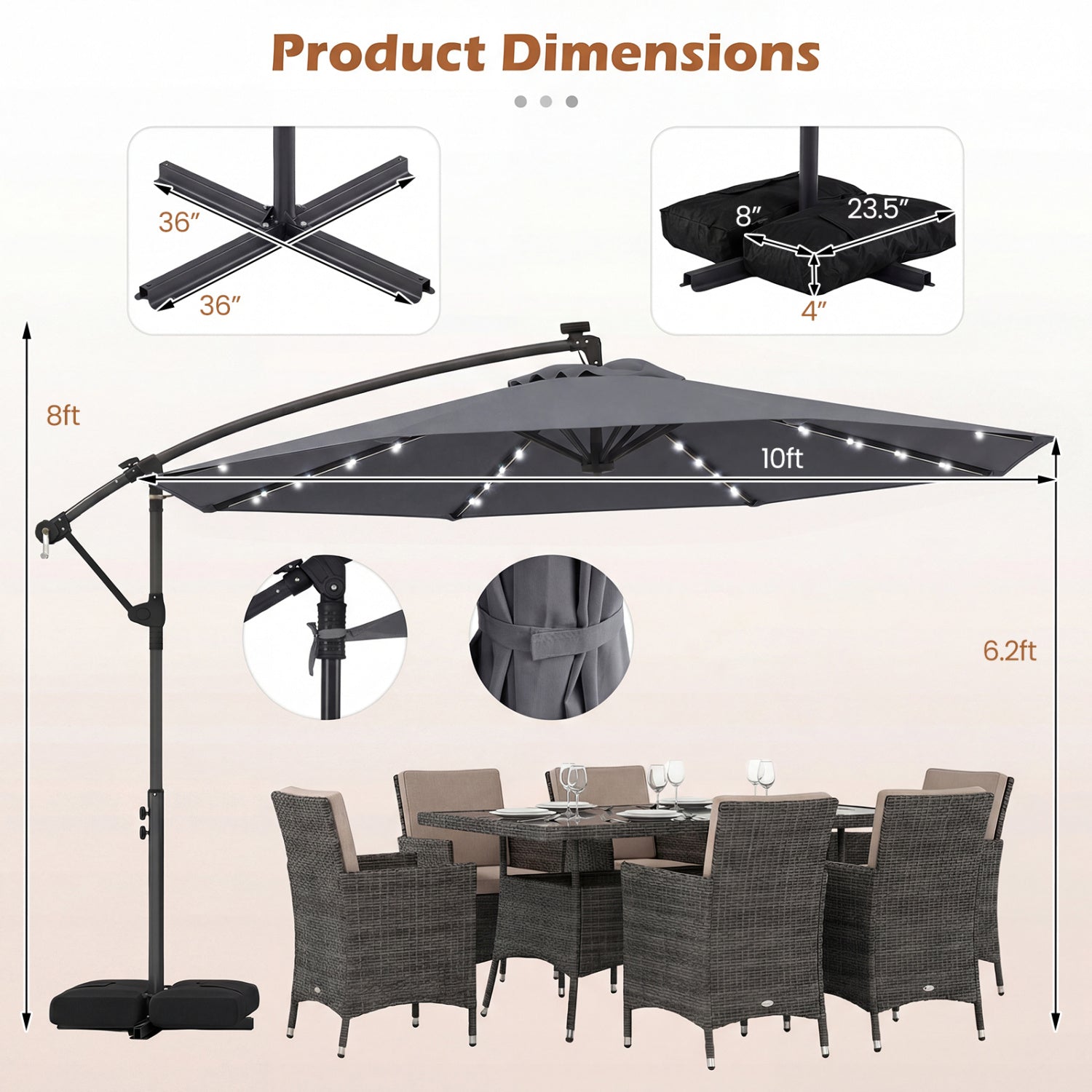 10 FT Solar LED Offset Cantilever Patio Umbrella, Gray Outdoor Umbrellas at Gallery Canada