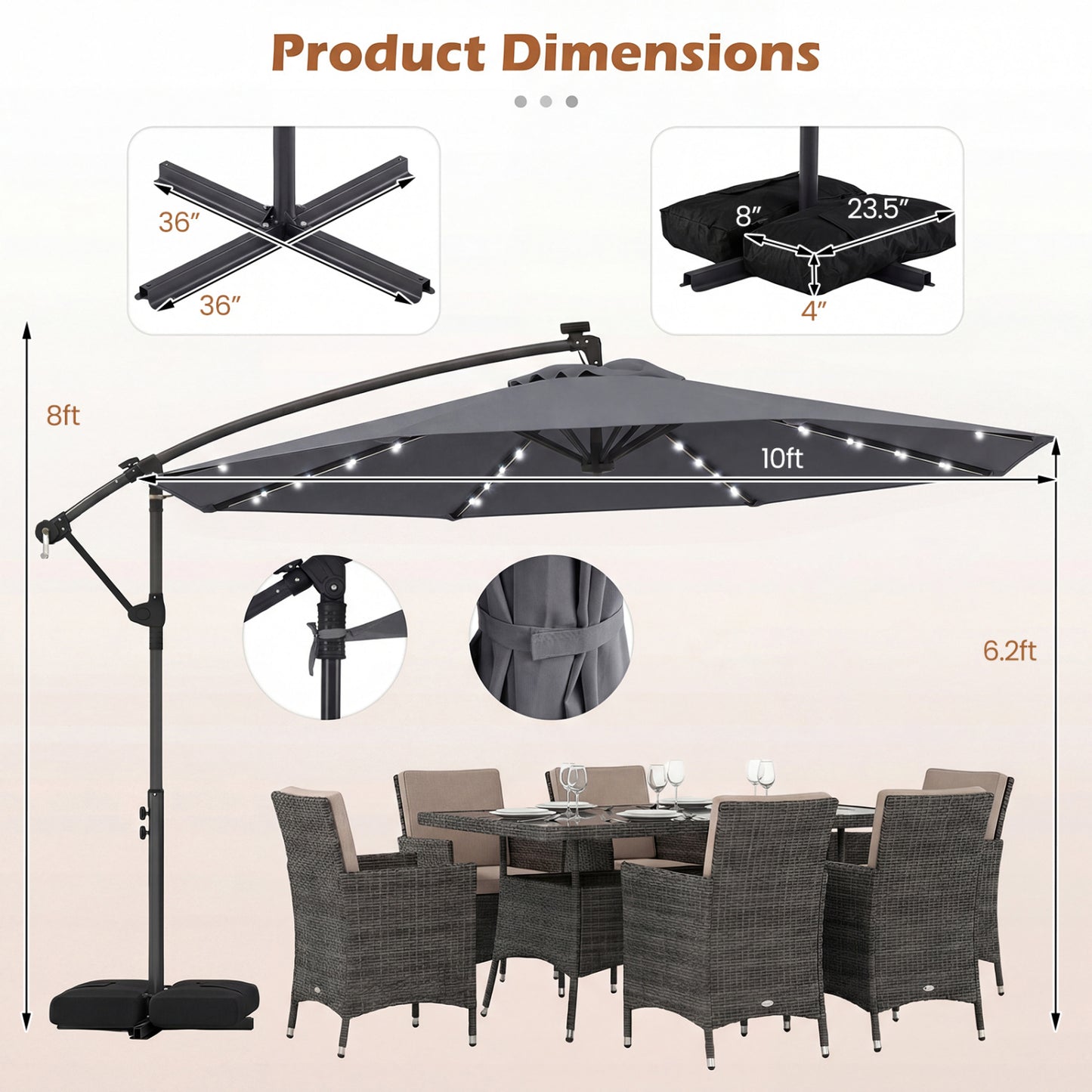 10 FT Solar LED Offset Cantilever Patio Umbrella, Gray Outdoor Umbrellas at Gallery Canada