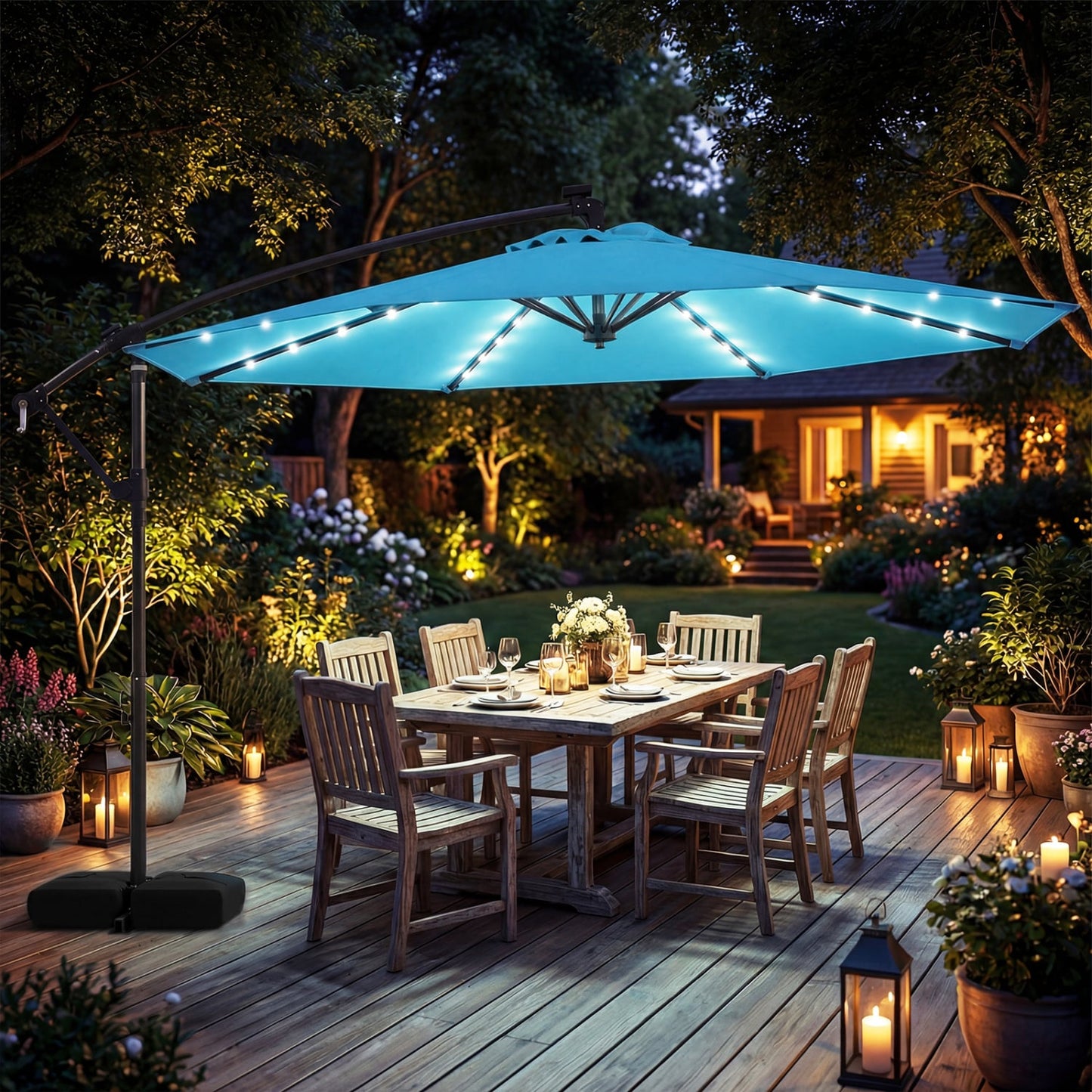 10 FT Solar LED Cantilever Patio Umbrella, Turquoise Outdoor Umbrellas at Gallery Canada