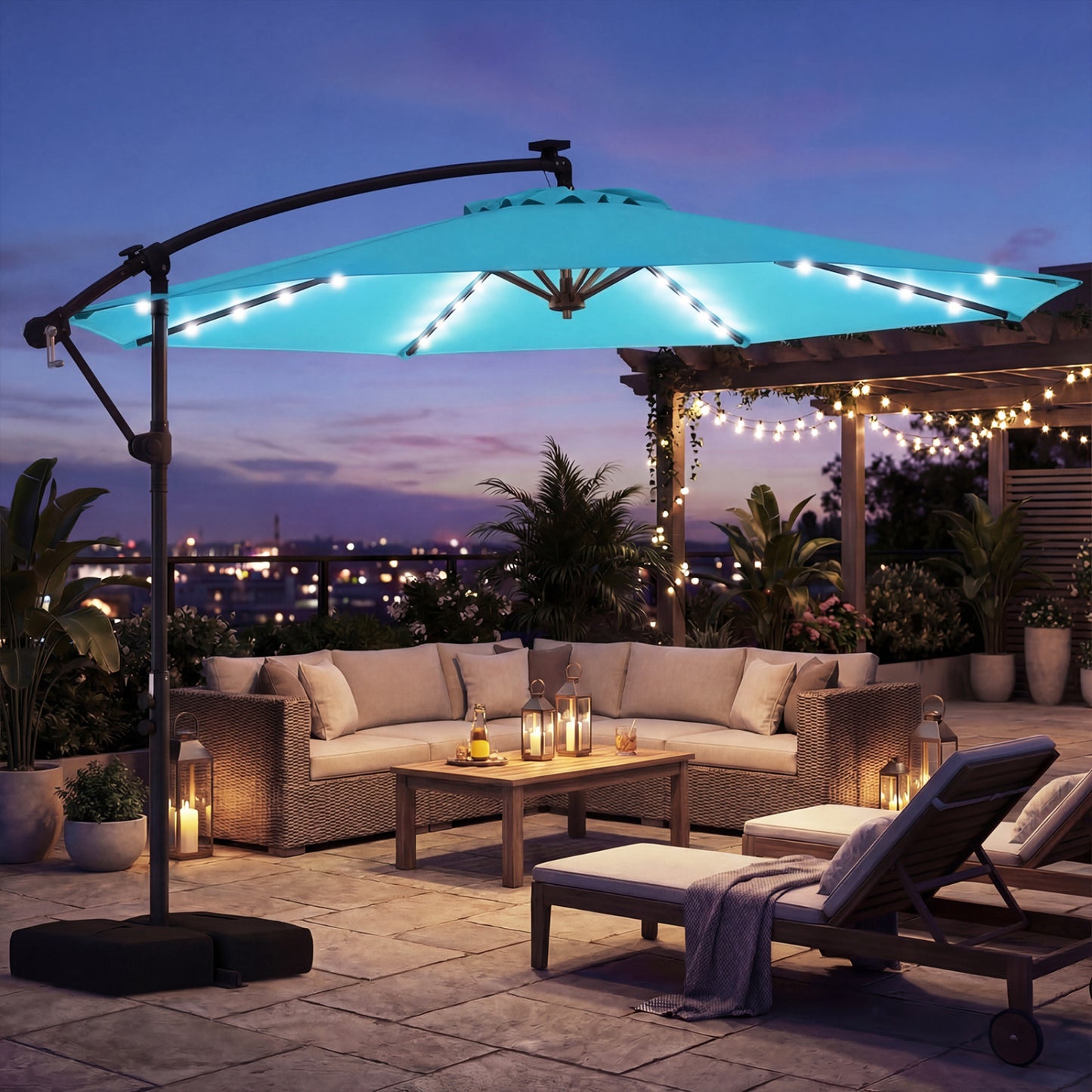 10 FT Solar LED Cantilever Patio Umbrella, Turquoise Outdoor Umbrellas at Gallery Canada