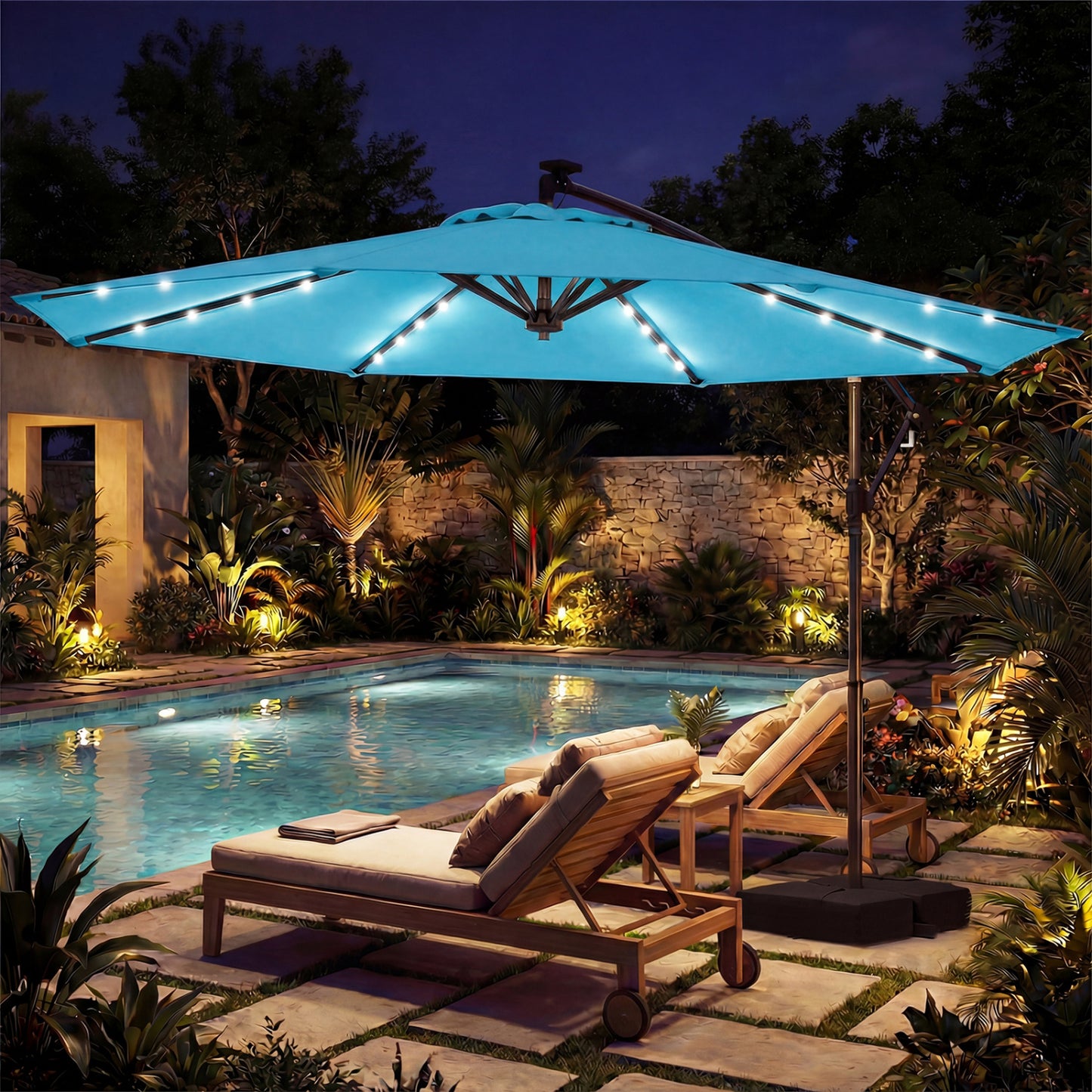 10 FT Solar LED Cantilever Patio Umbrella, Turquoise Outdoor Umbrellas at Gallery Canada