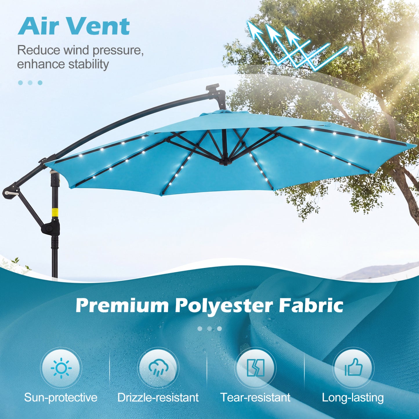10 FT Solar LED Cantilever Patio Umbrella, Turquoise Outdoor Umbrellas at Gallery Canada