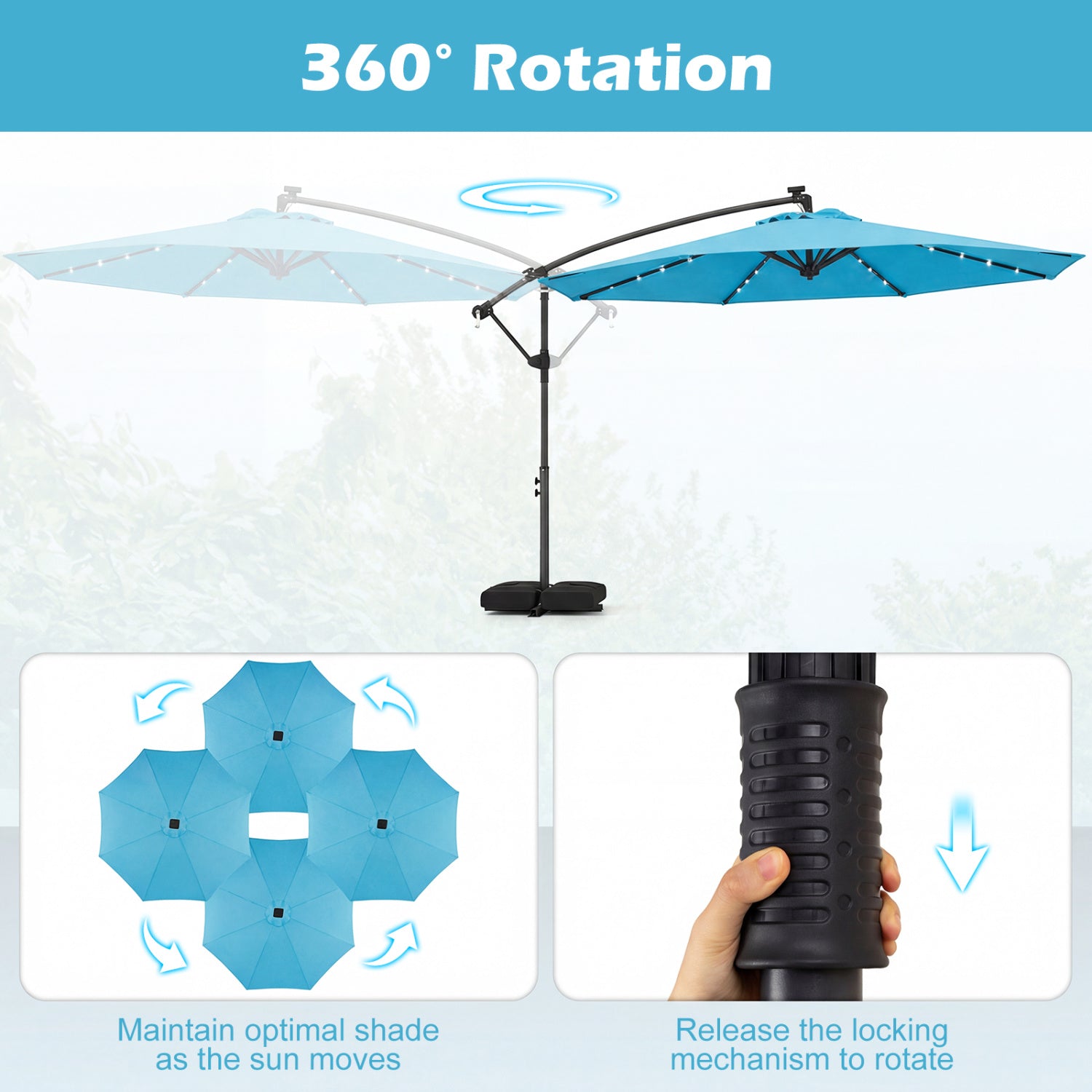 10 FT Solar LED Cantilever Patio Umbrella, Turquoise Outdoor Umbrellas at Gallery Canada