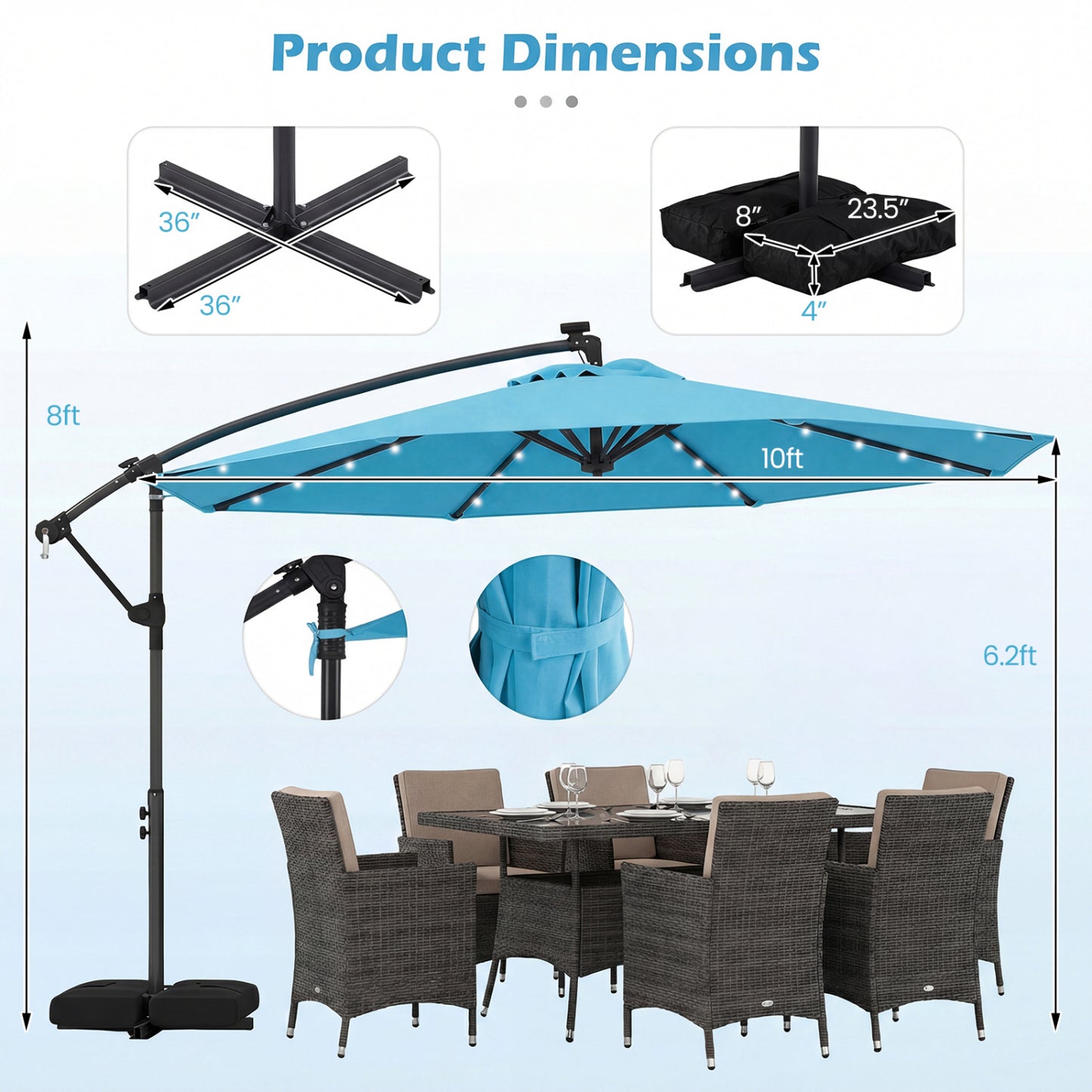 10 FT Solar LED Cantilever Patio Umbrella, Turquoise Outdoor Umbrellas at Gallery Canada