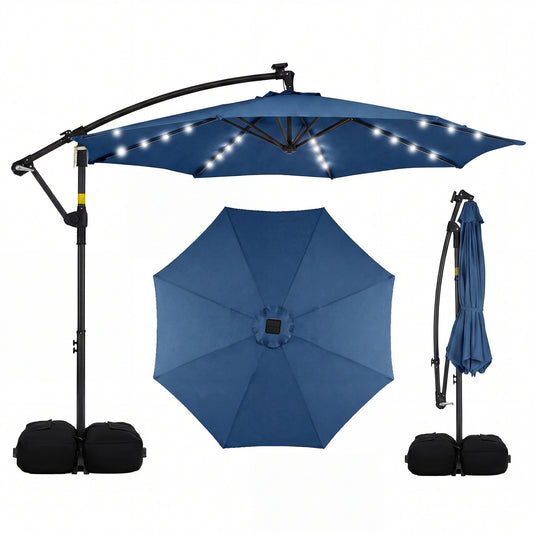 10 FT Solar LED Offset Cantilever Patio Umbrella, Navy Outdoor Umbrellas Navy at Gallery Canada