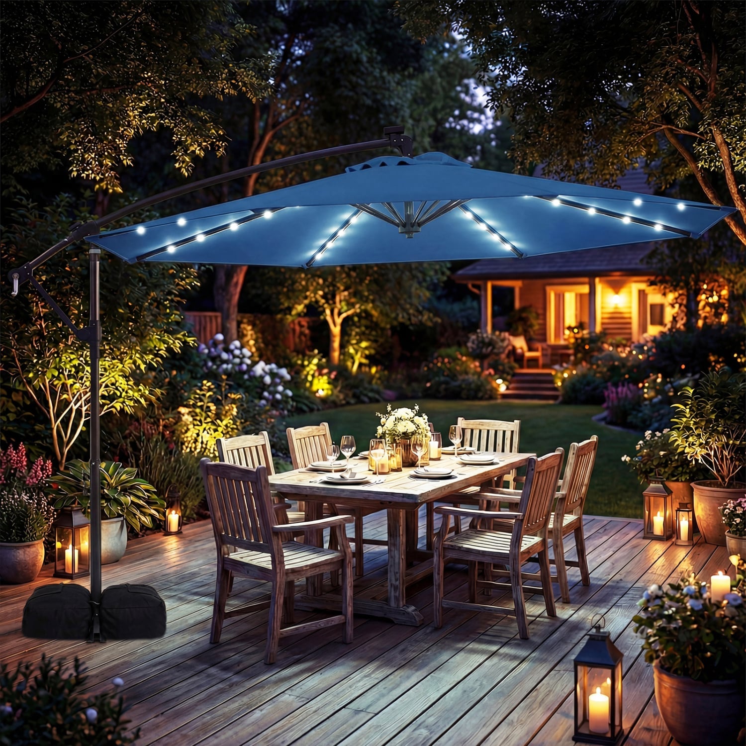 10 FT Solar LED Offset Cantilever Patio Umbrella, Navy Outdoor Umbrellas at Gallery Canada