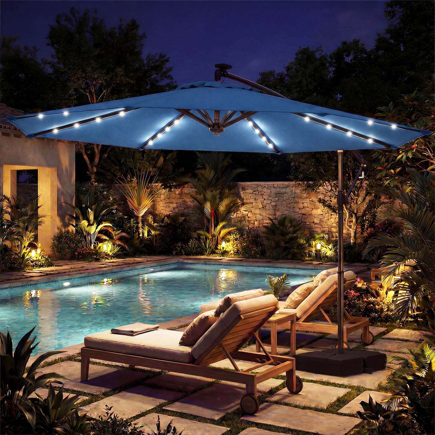 10 FT Solar LED Offset Cantilever Patio Umbrella, Navy Outdoor Umbrellas at Gallery Canada