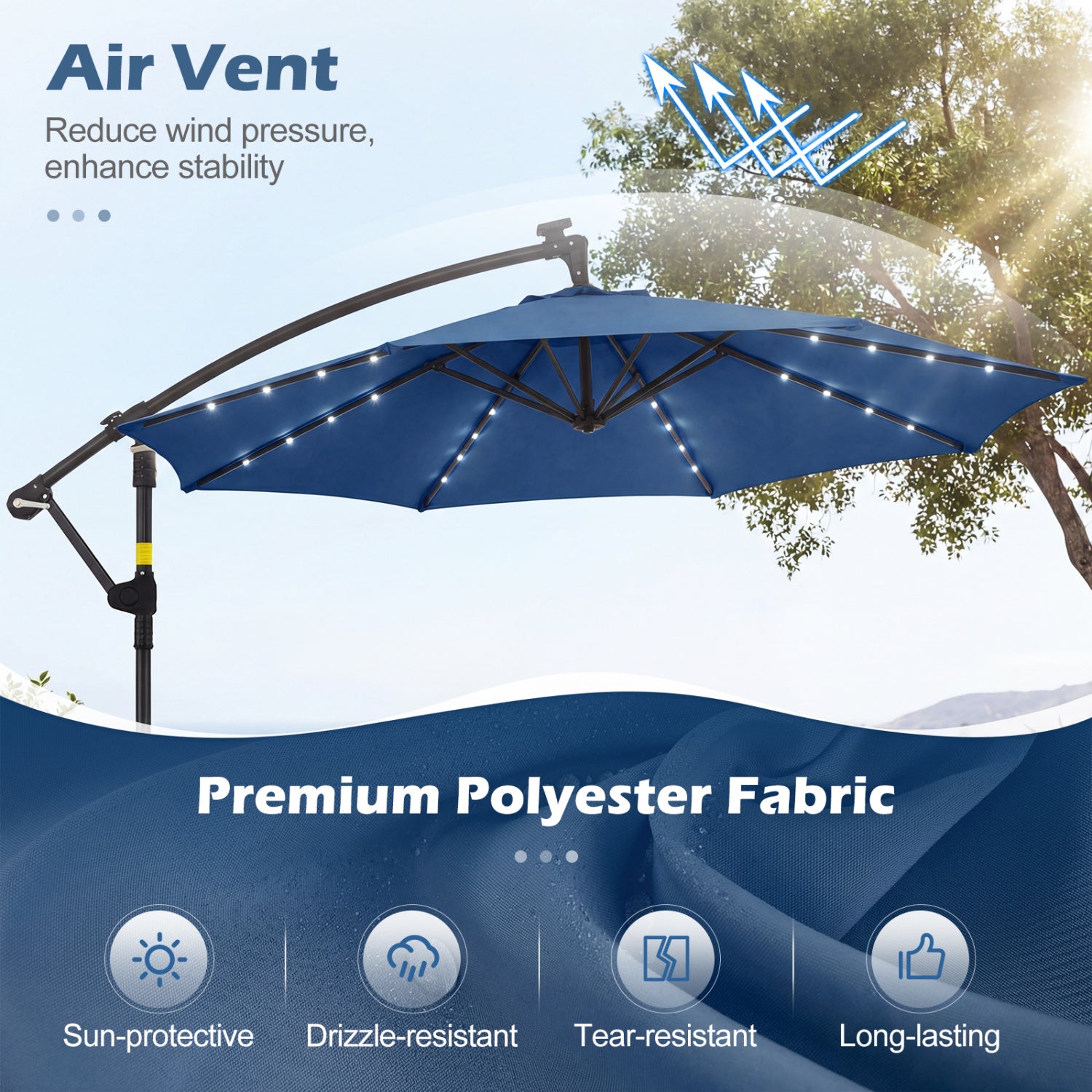 10 FT Solar LED Offset Cantilever Patio Umbrella, Navy Outdoor Umbrellas at Gallery Canada